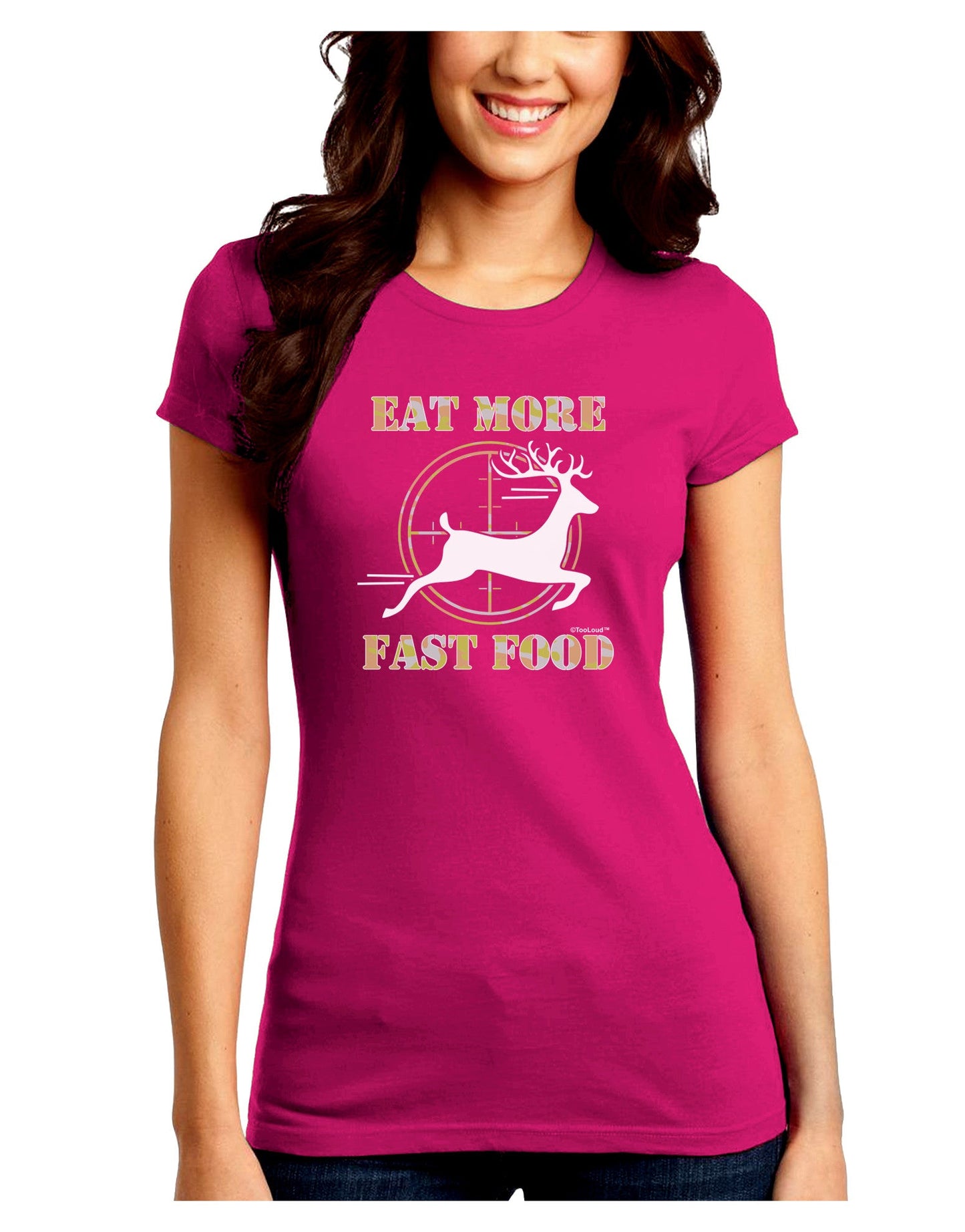 Eat More Fast Food - Deer Juniors Petite Crew Dark T-Shirt-T-Shirts Juniors Tops-TooLoud-Hot-Pink-Juniors Fitted Small-Davson Sales