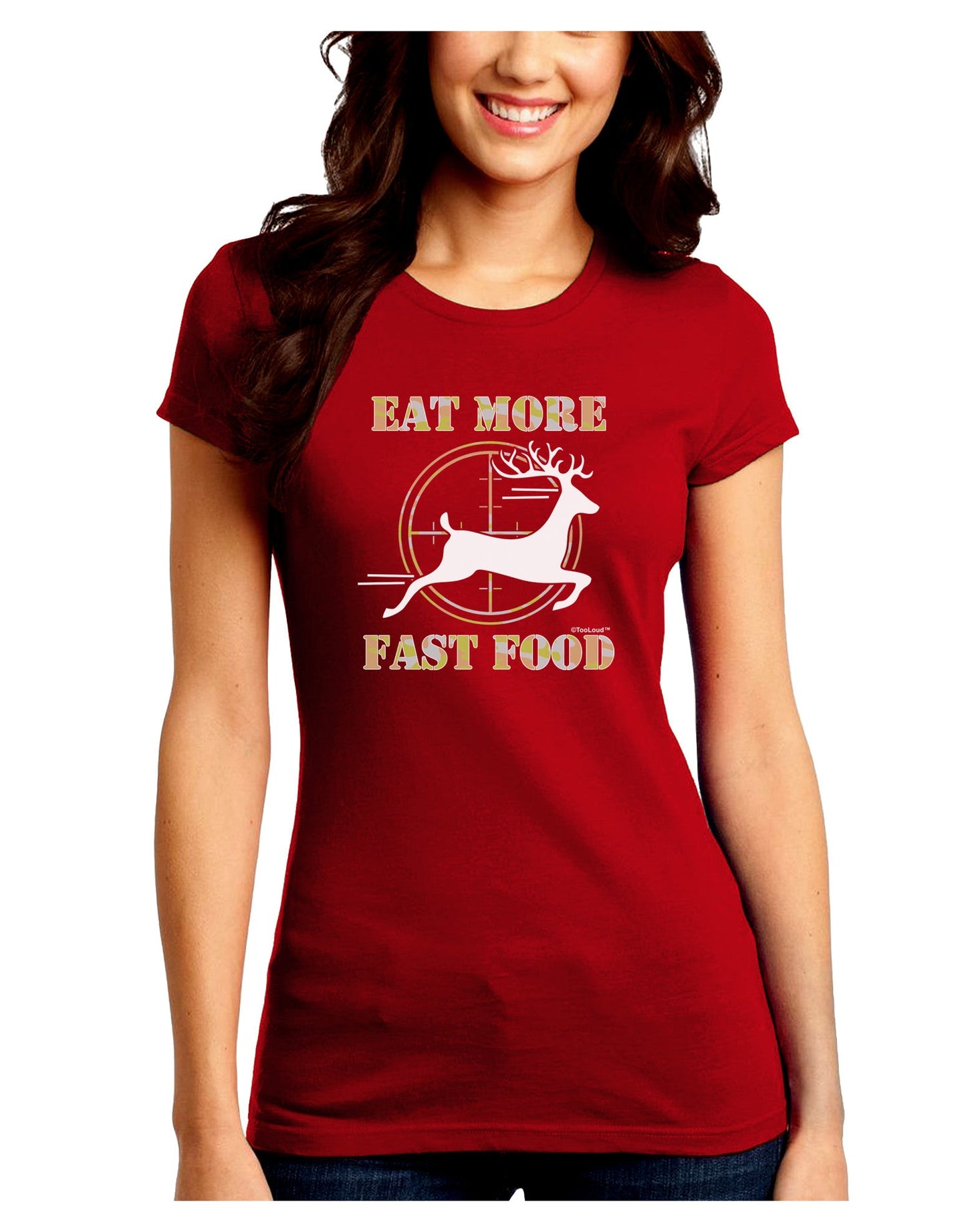 Eat More Fast Food - Deer Juniors Petite Crew Dark T-Shirt-T-Shirts Juniors Tops-TooLoud-Red-Juniors Fitted Small-Davson Sales