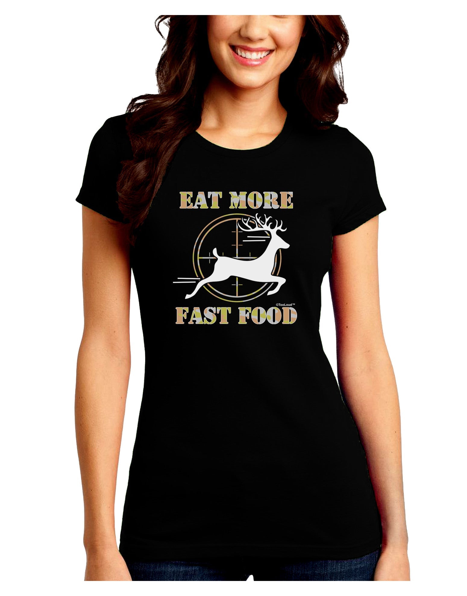 Eat More Fast Food - Deer Juniors Petite Crew Dark T-Shirt-T-Shirts Juniors Tops-TooLoud-Black-Juniors Fitted Small-Davson Sales