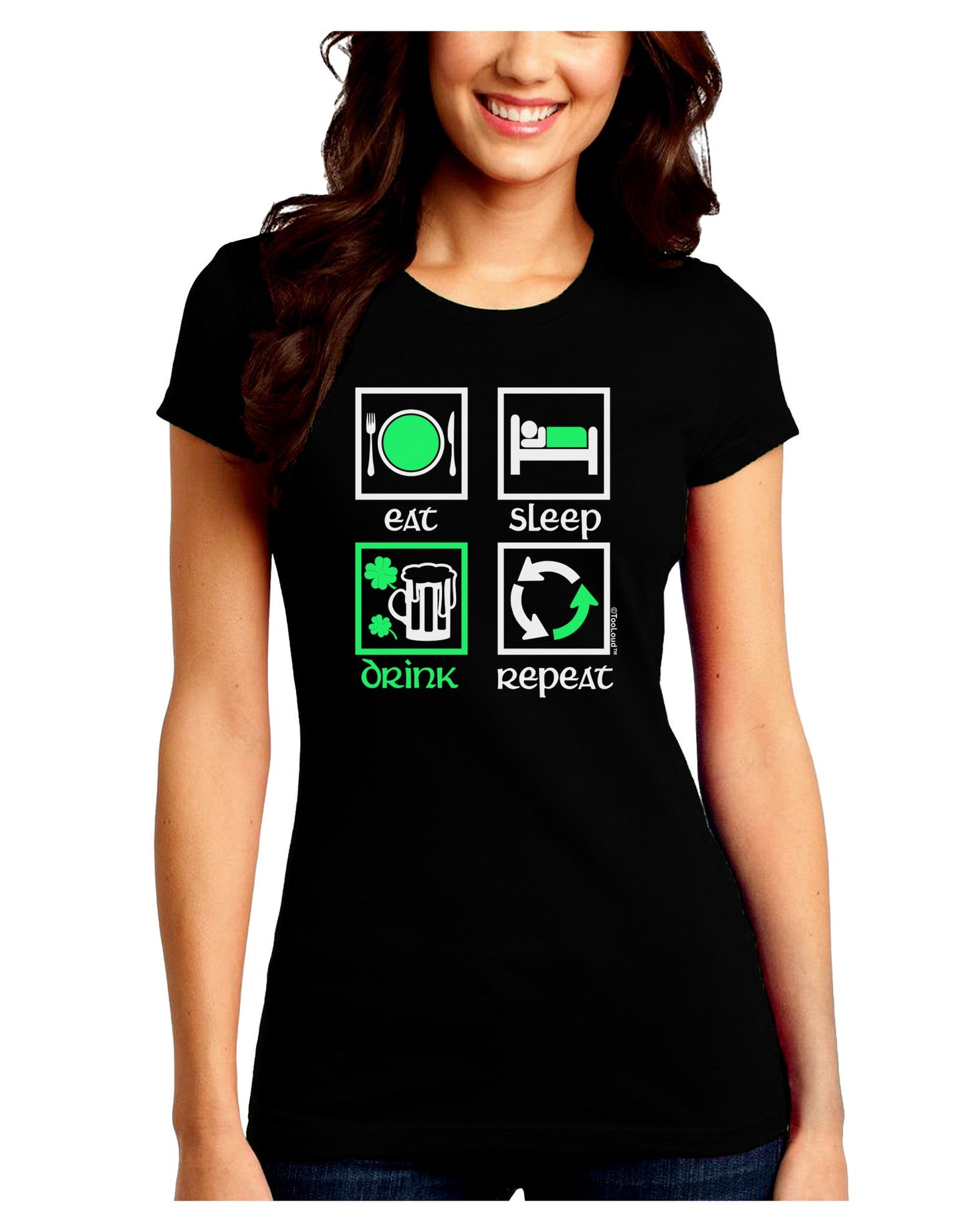 Eat Sleep Drink Green Beer Repeat Juniors Petite Crew Dark T-Shirt-T-Shirts Juniors Tops-TooLoud-Black-Juniors Fitted Small-Davson Sales