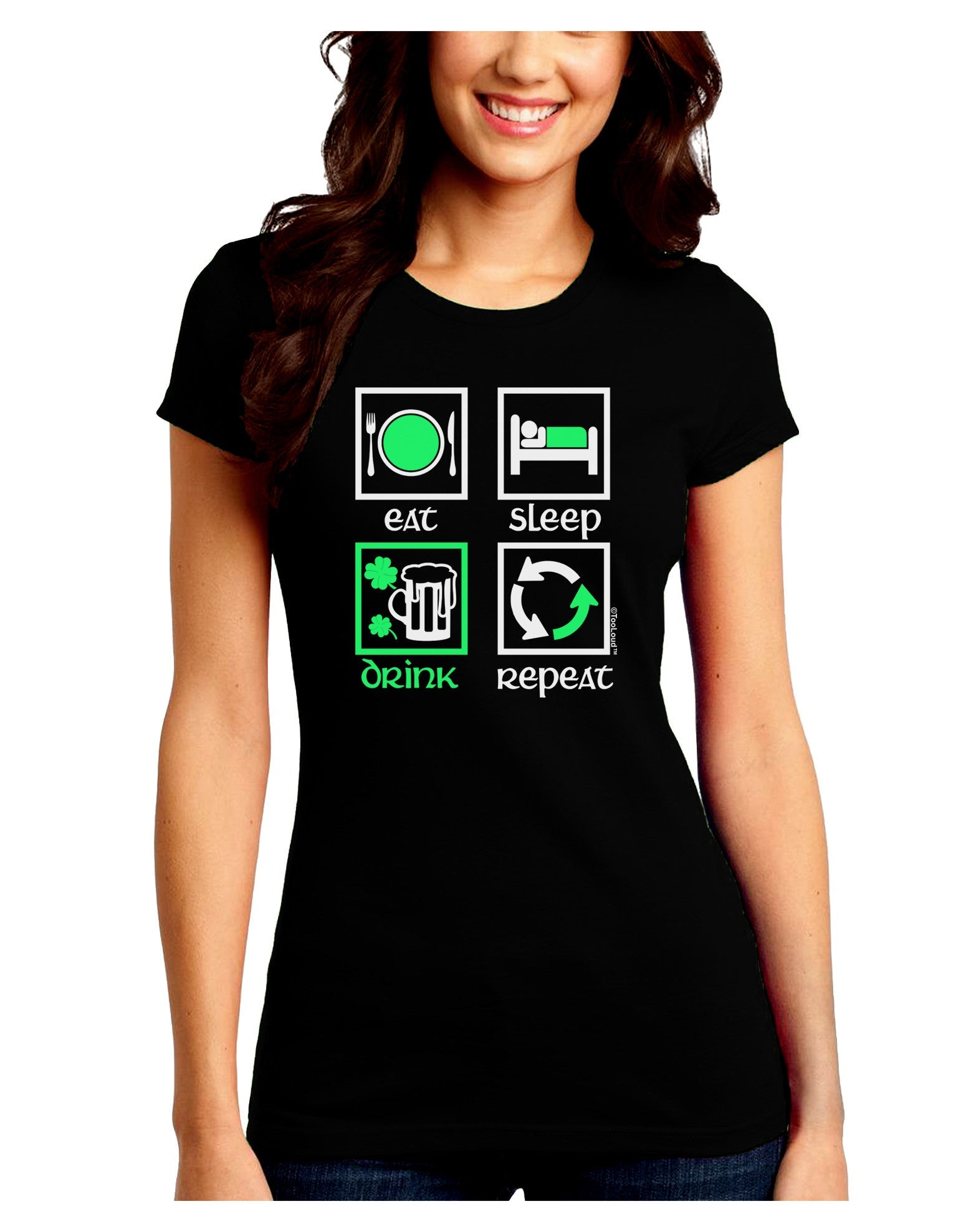 Eat Sleep Drink Green Beer Repeat Juniors Petite Crew Dark T-Shirt-T-Shirts Juniors Tops-TooLoud-Black-Juniors Fitted Small-Davson Sales