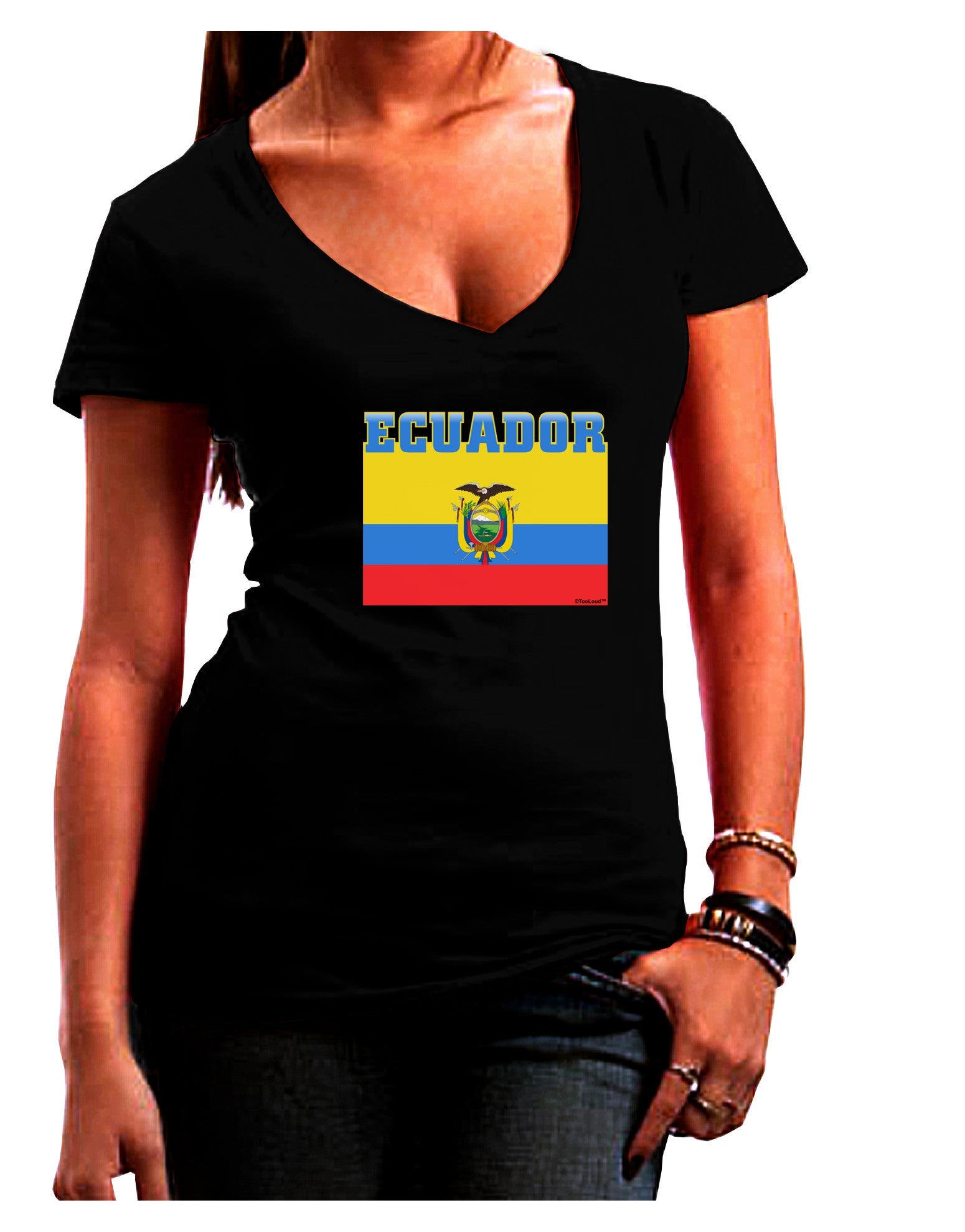 Ecuador Flag Womens V-Neck Dark T-Shirt-Womens V-Neck T-Shirts-TooLoud-Black-Juniors Fitted Small-Davson Sales