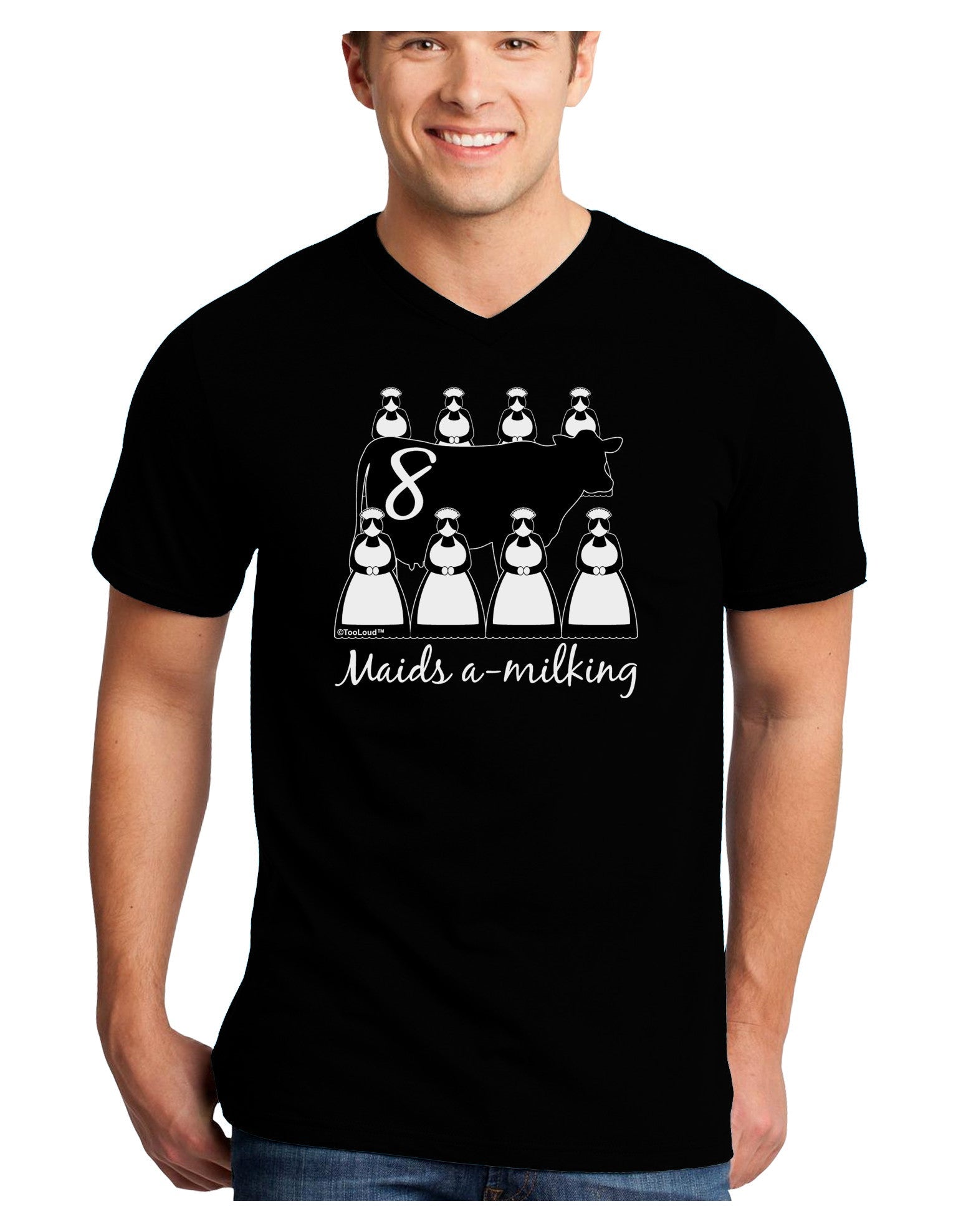 Eight Maids A Milking Text Adult Dark V-Neck T-Shirt-TooLoud-Black-Small-Davson Sales