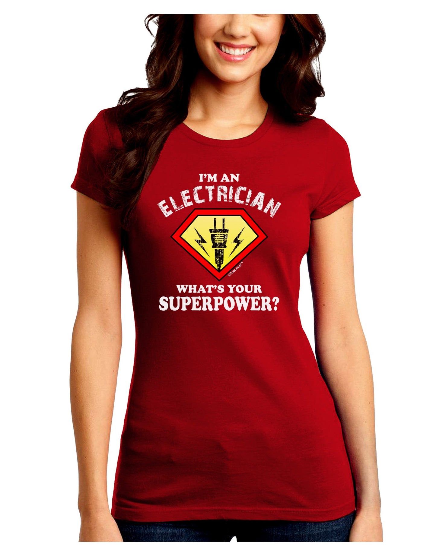 Electrician - Superpower Juniors Petite Crew Dark T-Shirt-T-Shirts Juniors Tops-TooLoud-Red-Juniors Fitted Small-Davson Sales