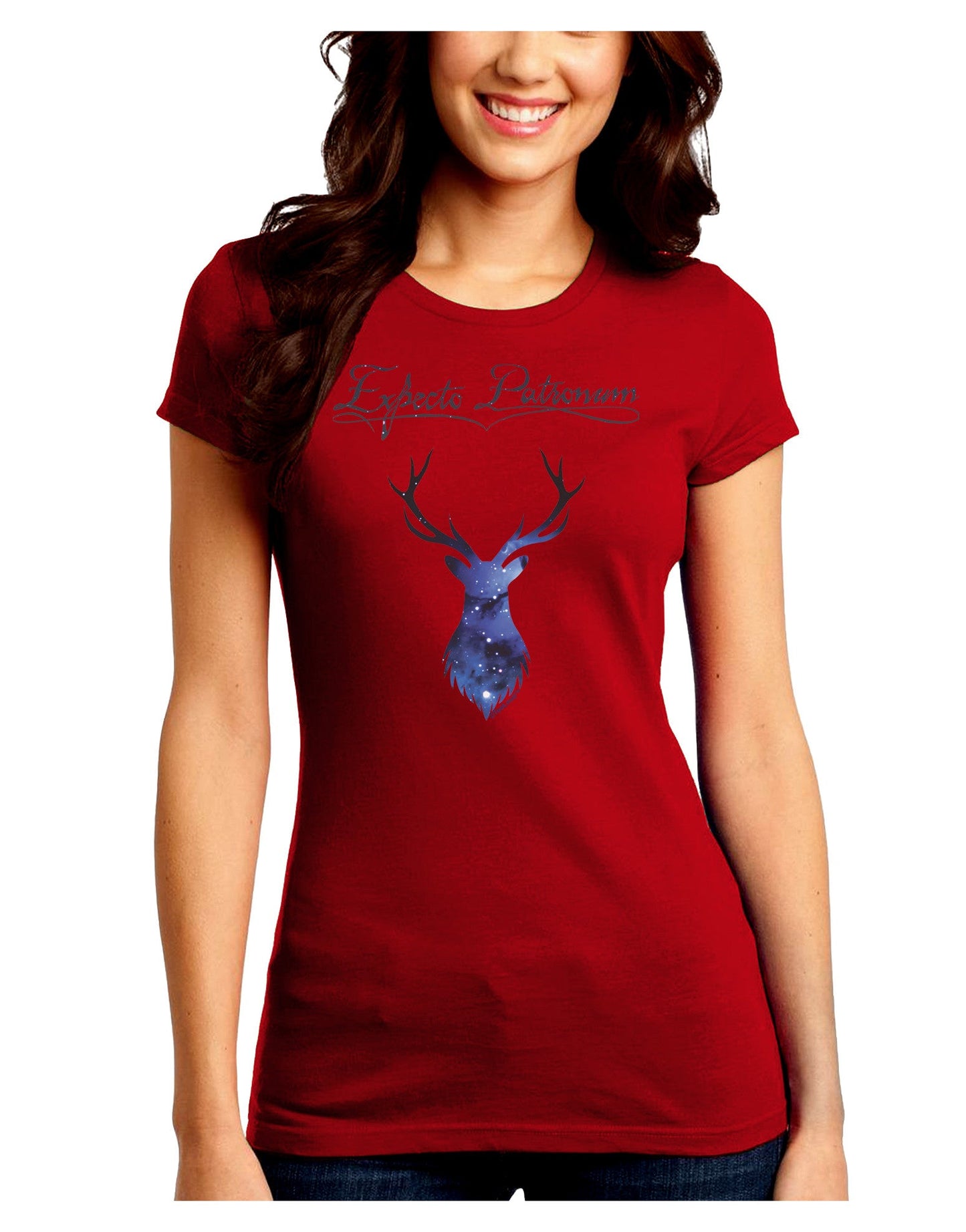 Expecto Patronum Space Stag Juniors Petite Crew Dark T-Shirt-T-Shirts Juniors Tops-TooLoud-Red-Juniors Fitted Small-Davson Sales