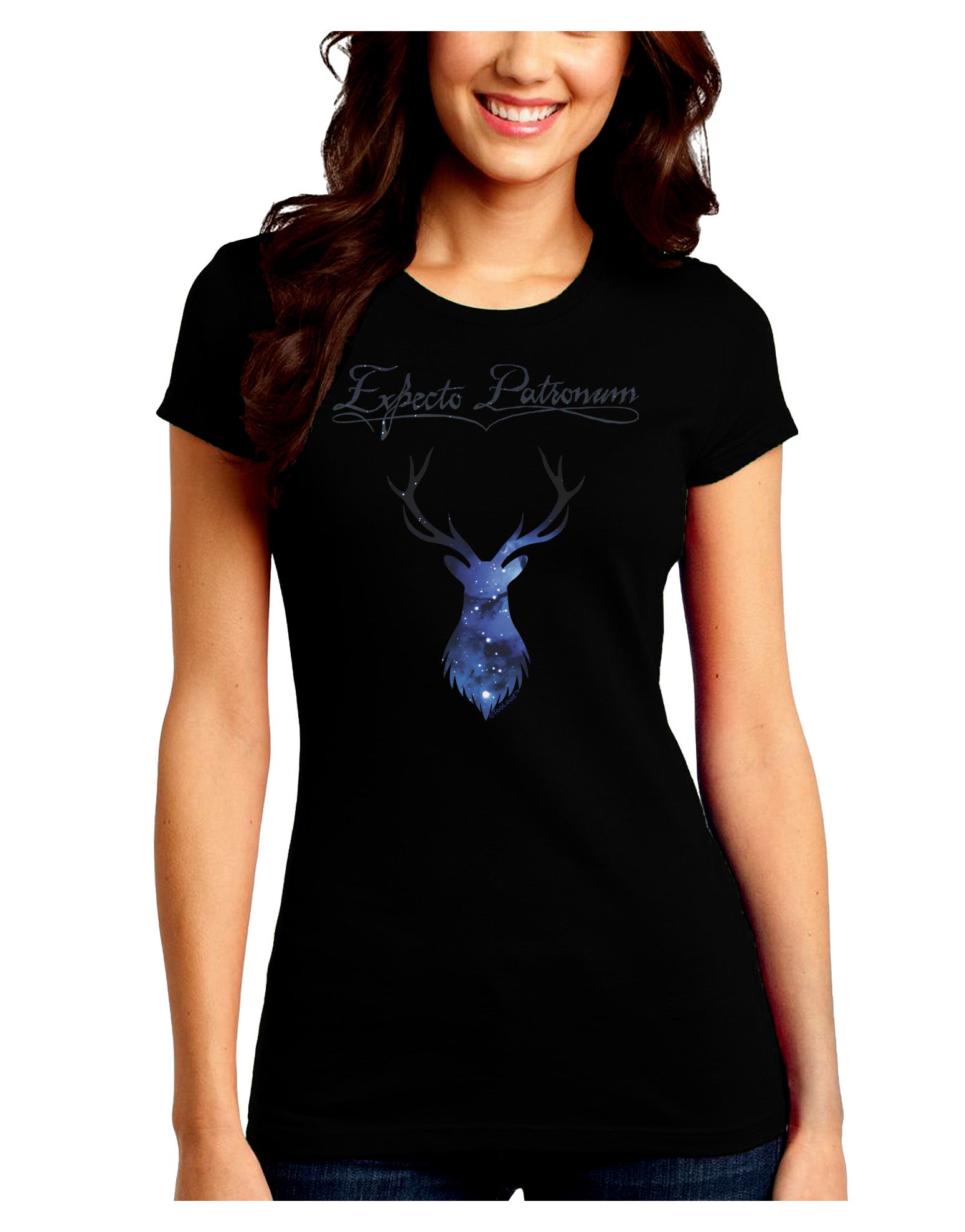 Expecto Patronum Space Stag Juniors Petite Crew Dark T-Shirt-T-Shirts Juniors Tops-TooLoud-Black-Juniors Fitted Small-Davson Sales