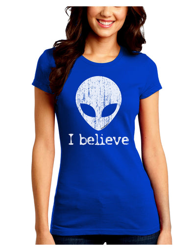 Extraterrestrial - I Believe Distressed Juniors Crew Dark T-Shirt by TooLoud-T-Shirts Juniors Tops-TooLoud-Royal-Blue-Juniors Fitted Small-Davson Sales