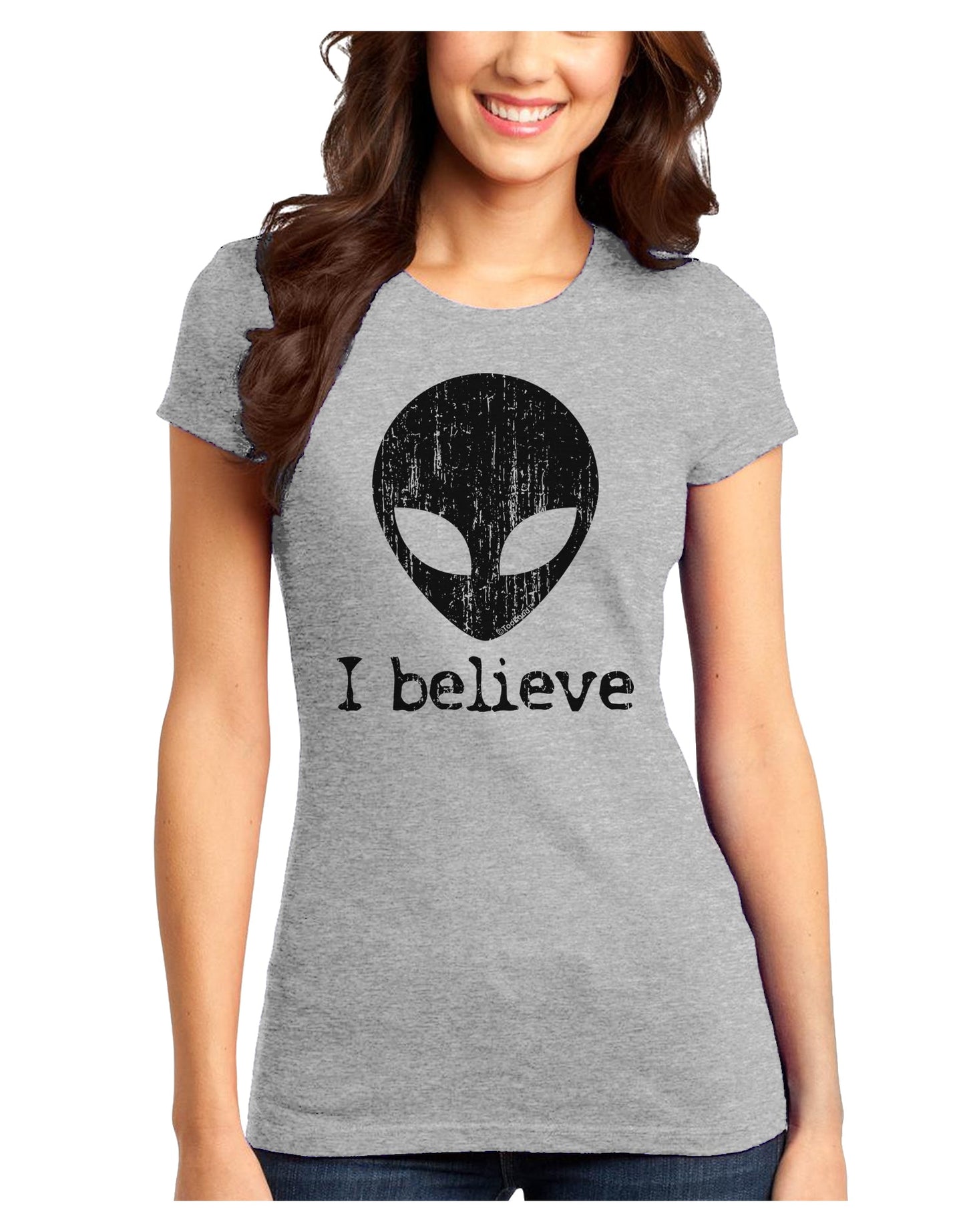 Extraterrestrial - I Believe Distressed Juniors T-Shirt by TooLoud-Womens Juniors T-Shirt-TooLoud-Ash-Gray-Juniors Fitted X-Small-Davson Sales