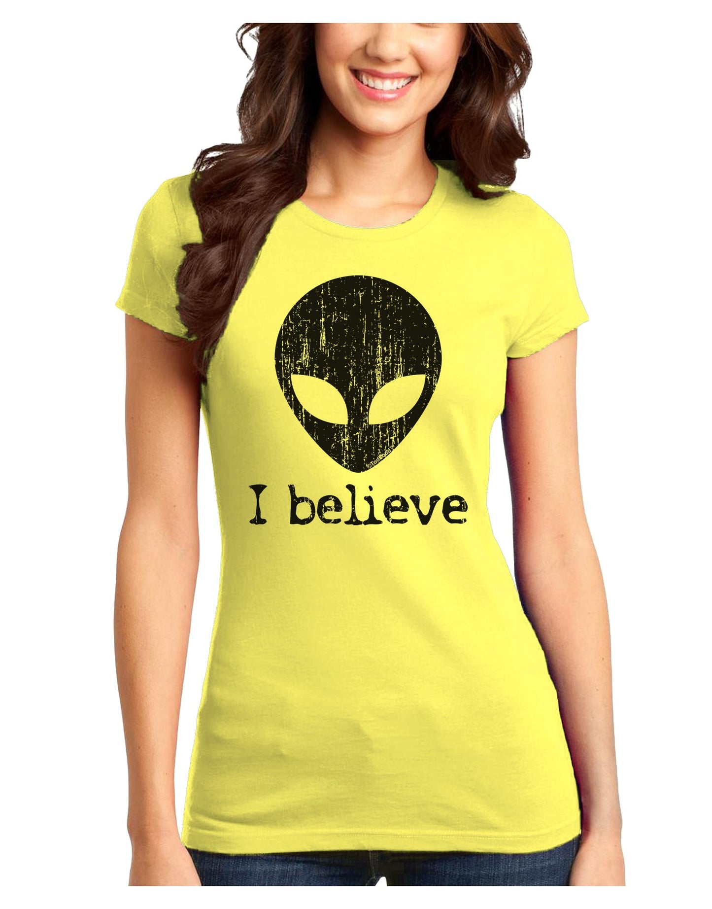 Extraterrestrial - I Believe Distressed Juniors T-Shirt by TooLoud-Womens Juniors T-Shirt-TooLoud-Yellow-Juniors Fitted X-Small-Davson Sales
