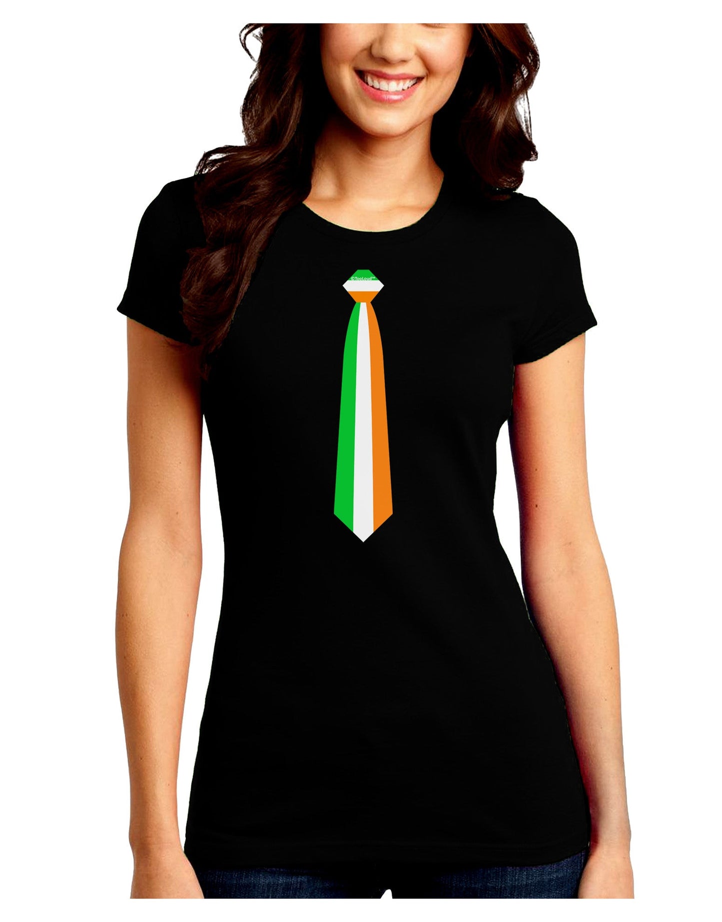 Faux Irish Flag Tie St Patricks Day Juniors Petite Crew Dark T-Shirt-T-Shirts Juniors Tops-TooLoud-Black-Juniors Fitted Small-Davson Sales