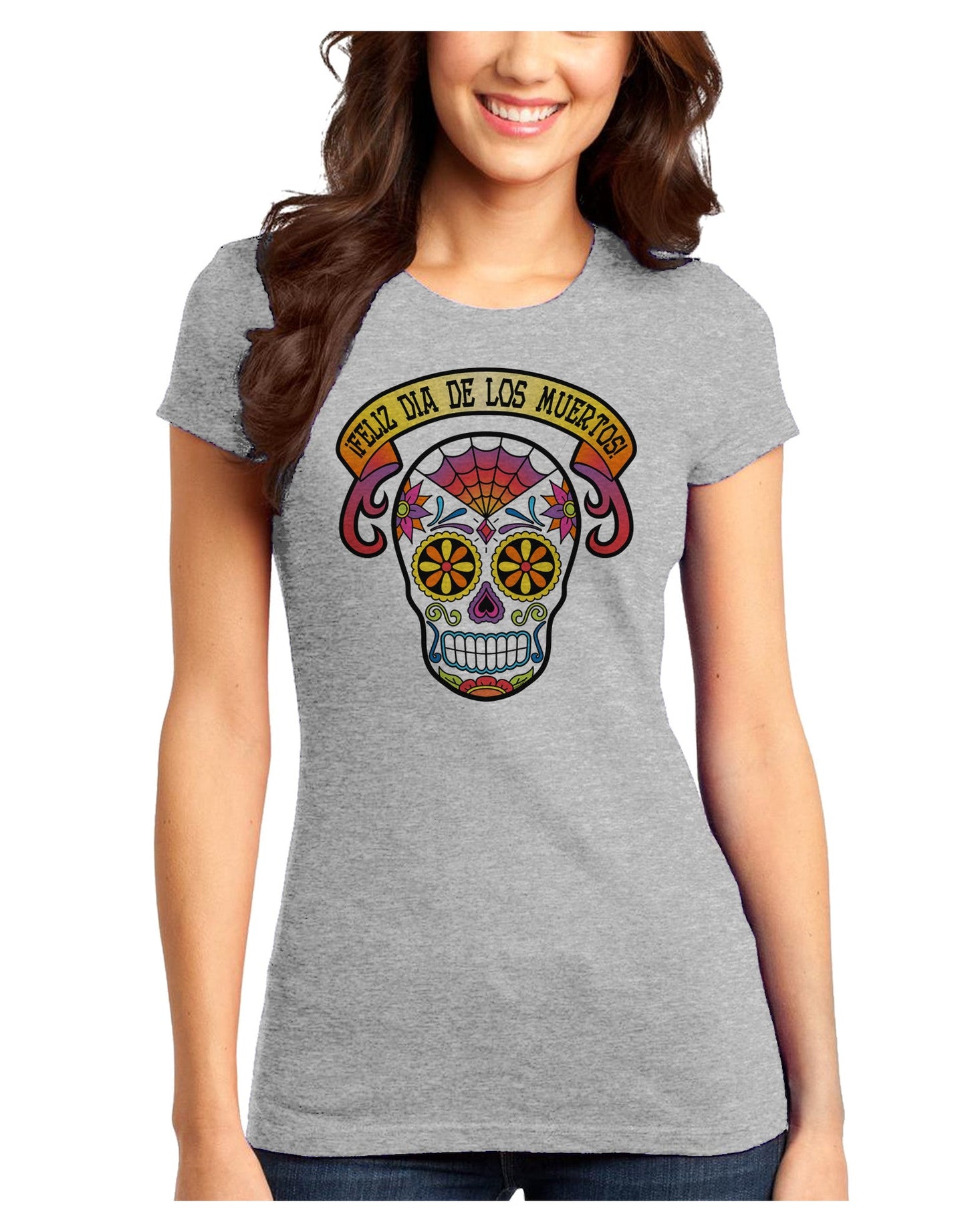 Feliz Dia de los Muertos Calavera Juniors T-Shirt-Womens Juniors T-Shirt-TooLoud-Ash-Gray-Juniors Fitted XS-Davson Sales