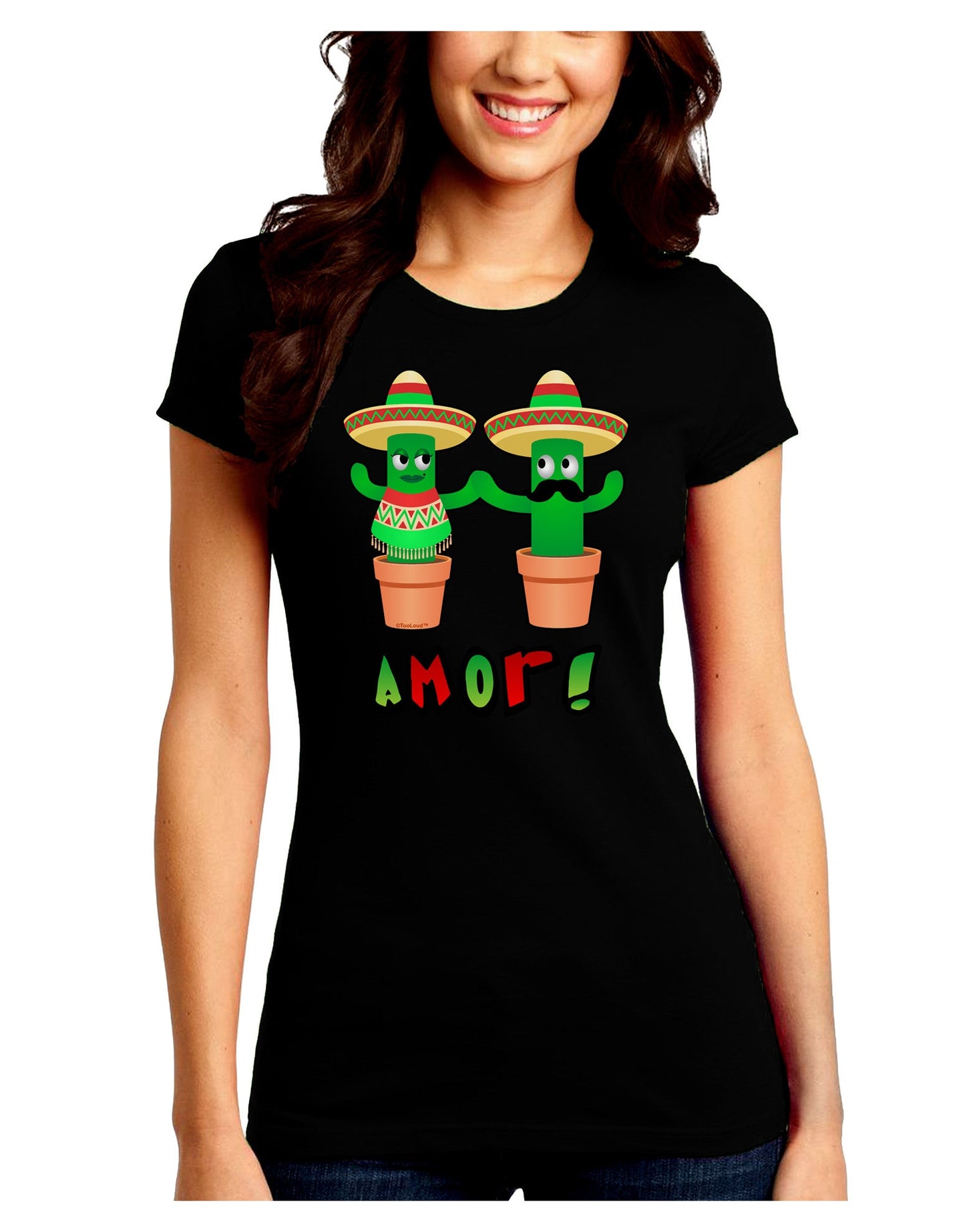 Fiesta Cactus Couple Amor Juniors Petite Crew Dark T-Shirt-T-Shirts Juniors Tops-TooLoud-Black-Juniors Fitted Small-Davson Sales