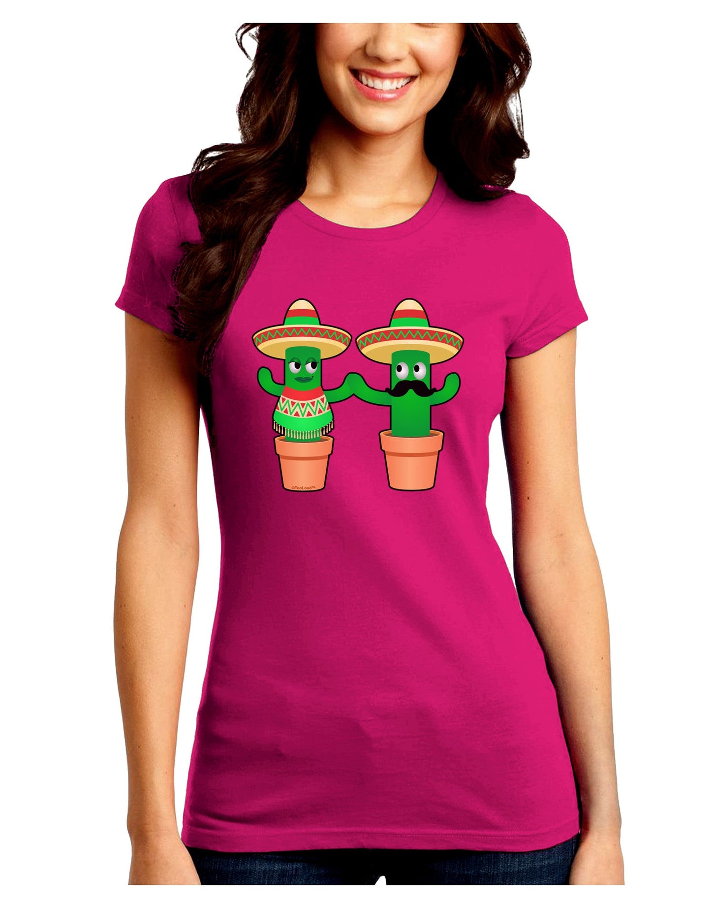 Fiesta Cactus Couple Juniors Petite Crew Dark T-Shirt-T-Shirts Juniors Tops-TooLoud-Hot-Pink-Juniors Fitted Small-Davson Sales