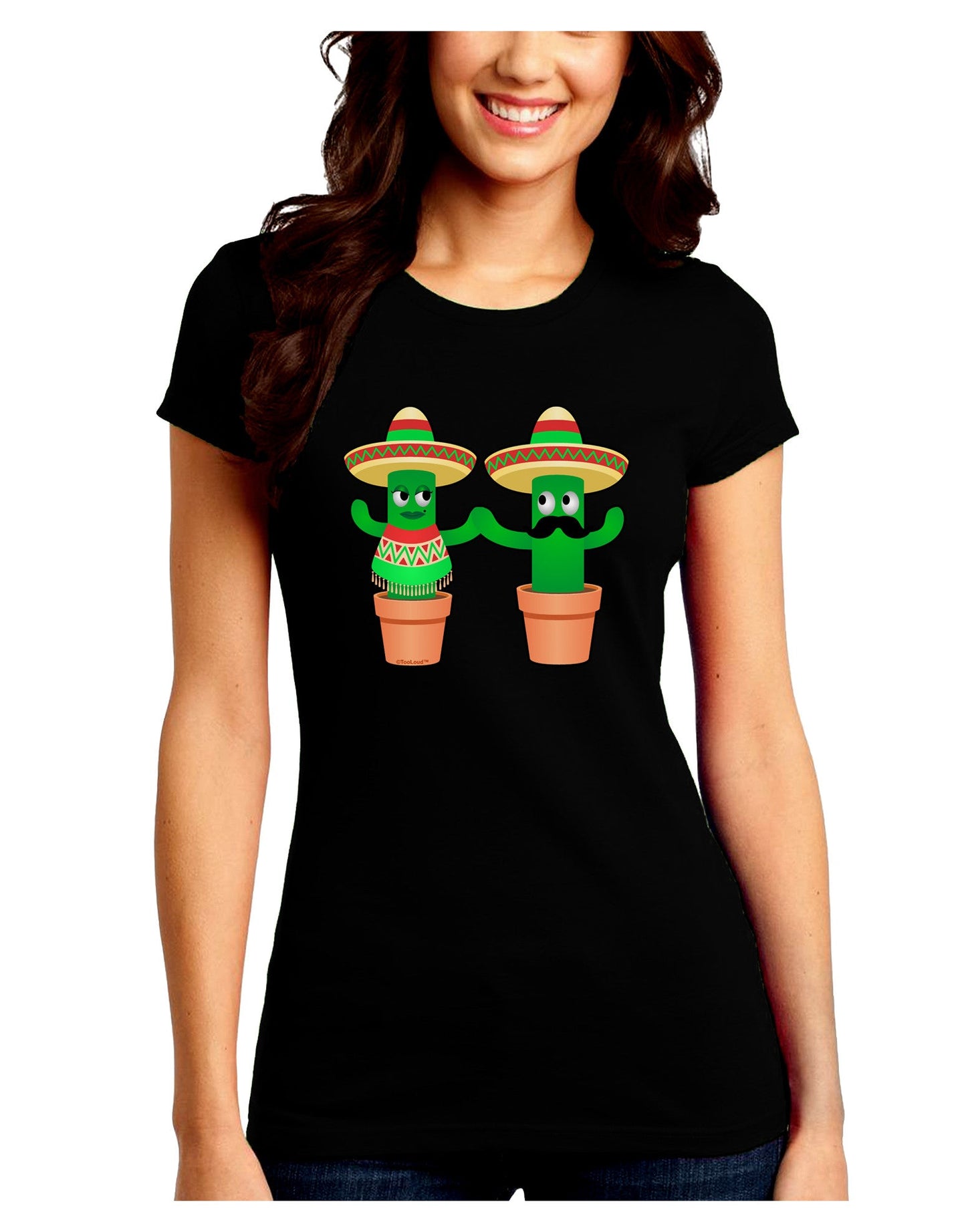 Fiesta Cactus Couple Juniors Petite Crew Dark T-Shirt-T-Shirts Juniors Tops-TooLoud-Black-Juniors Fitted Small-Davson Sales