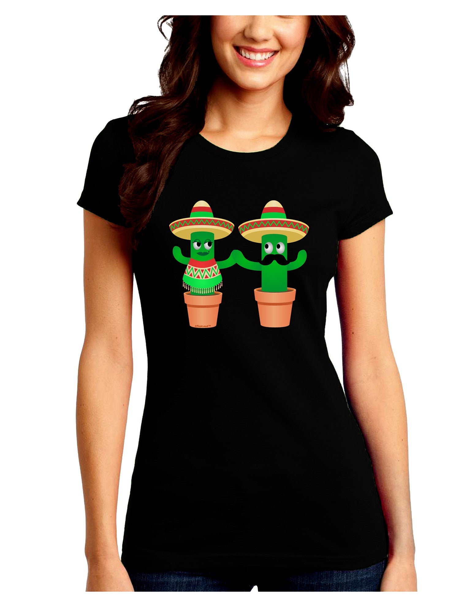 Fiesta Cactus Couple Juniors Petite Crew Dark T-Shirt-T-Shirts Juniors Tops-TooLoud-Black-Juniors Fitted Small-Davson Sales