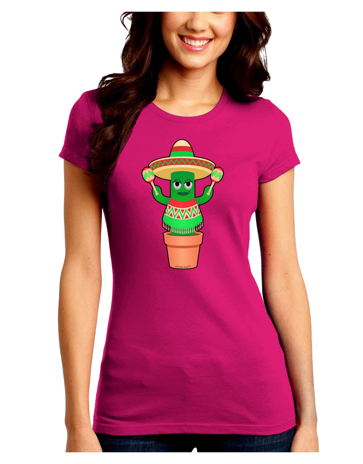Fiesta Cactus Poncho Juniors Petite Crew Dark T-Shirt-T-Shirts Juniors Tops-TooLoud-Hot-Pink-Juniors Fitted Small-Davson Sales