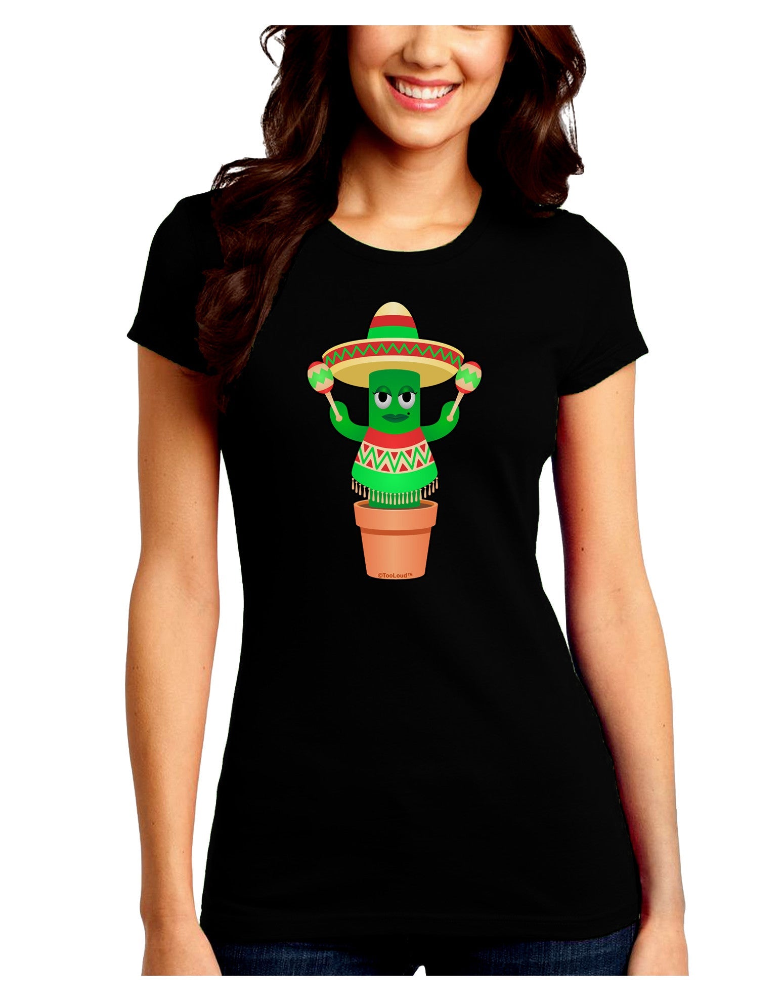 Fiesta Cactus Poncho Juniors Petite Crew Dark T-Shirt-T-Shirts Juniors Tops-TooLoud-Black-Juniors Fitted Small-Davson Sales