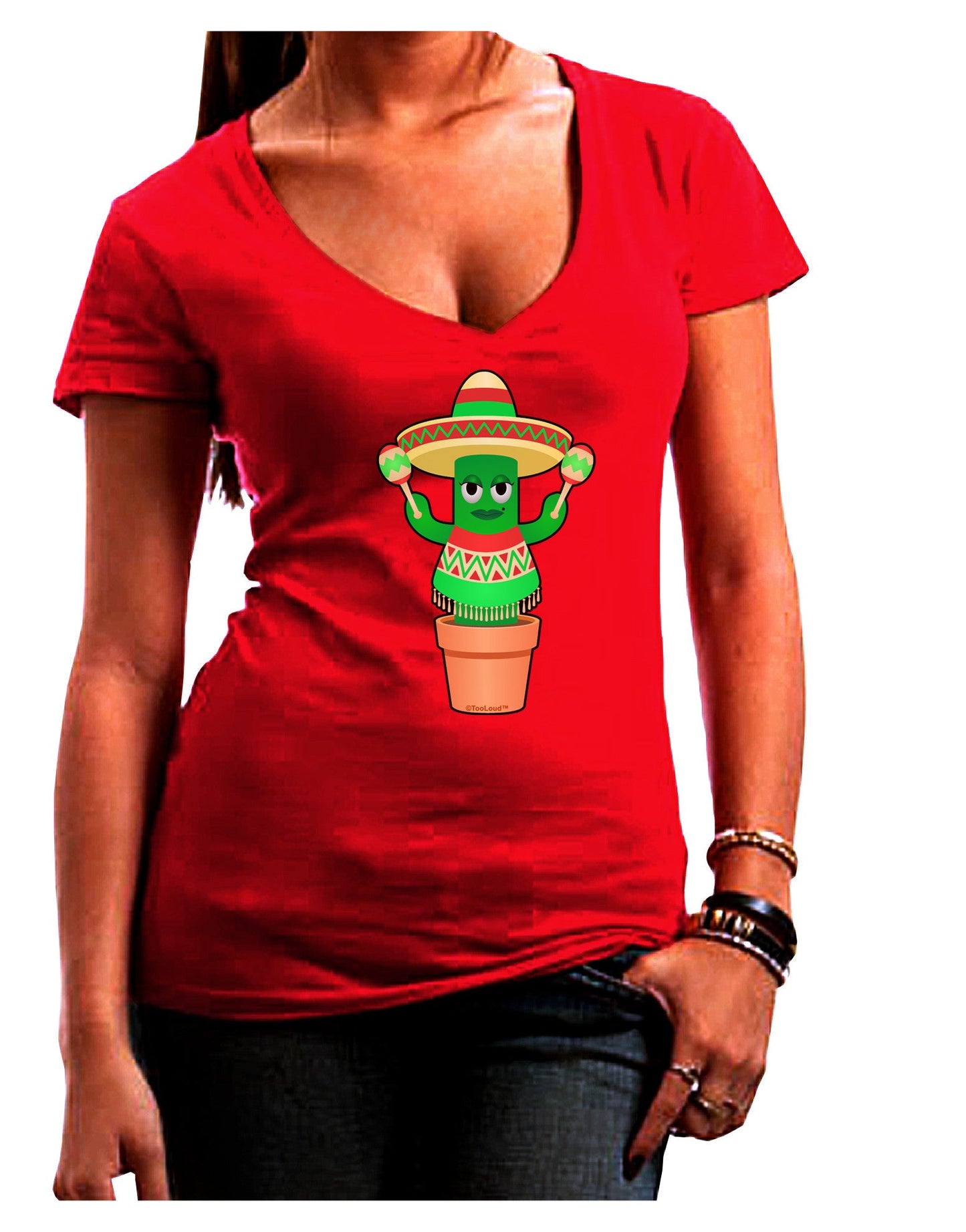 Fiesta Cactus Poncho Womens V-Neck Dark T-Shirt-Womens V-Neck T-Shirts-TooLoud-Red-Juniors Fitted Small-Davson Sales