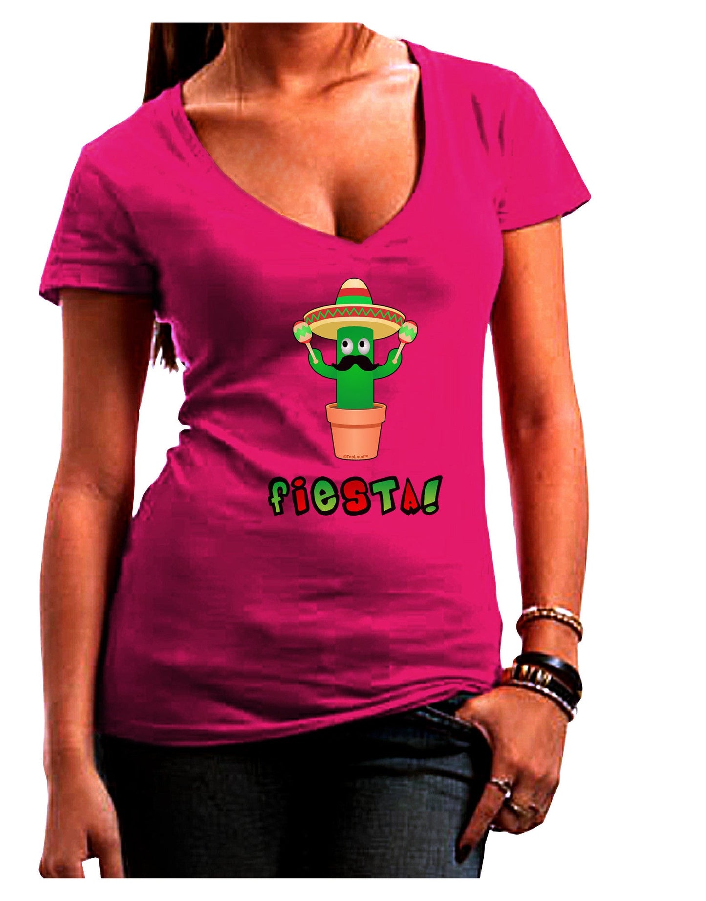Fiesta Cactus Text Womens V-Neck Dark T-Shirt-Womens V-Neck T-Shirts-TooLoud-Hot-Pink-Juniors Fitted Small-Davson Sales