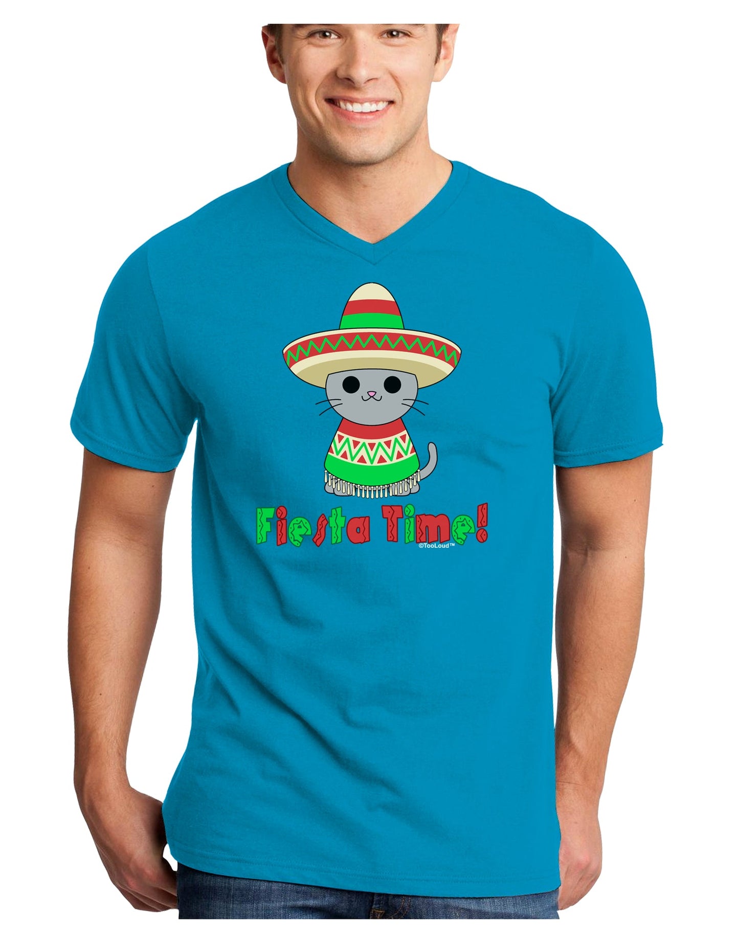 Fiesta Time - Cute Sombrero Cat Adult Dark V-Neck T-Shirt by TooLoud-Mens V-Neck T-Shirt-TooLoud-Turquoise-Small-Davson Sales