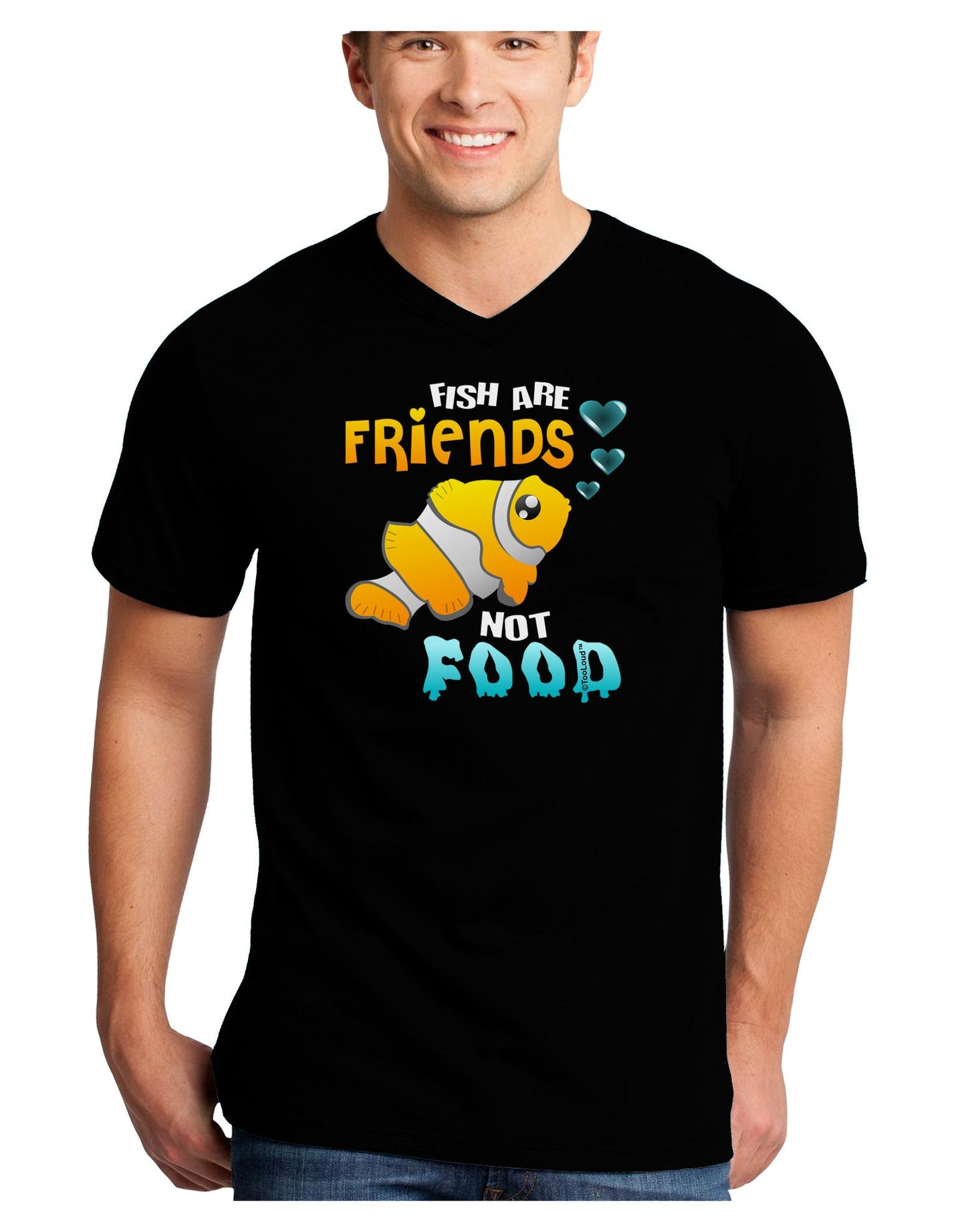 Fish Are Friends Not Food Adult Dark V-Neck T-Shirt-Mens V-Neck T-Shirt-TooLoud-Black-Small-Davson Sales
