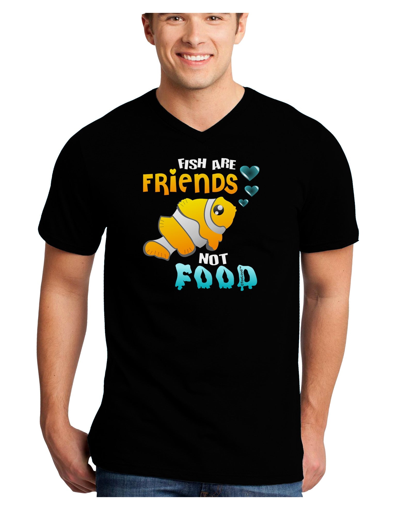 Fish Are Friends Not Food Adult Dark V-Neck T-Shirt-Mens V-Neck T-Shirt-TooLoud-Black-Small-Davson Sales