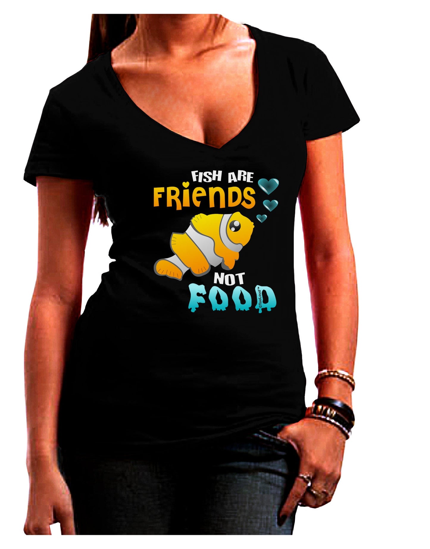 Fish Are Friends Not Food Womens V-Neck Dark T-Shirt-Womens V-Neck T-Shirts-TooLoud-Black-Juniors Fitted Small-Davson Sales
