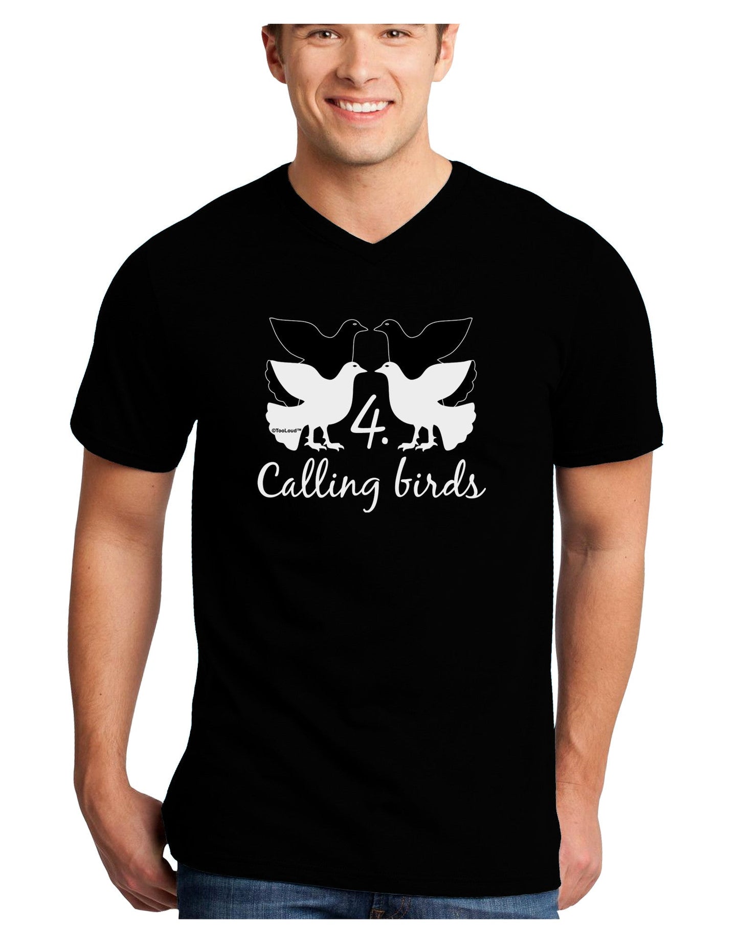 Four Calling Birds Text Adult Dark V-Neck T-Shirt-TooLoud-Black-Small-Davson Sales