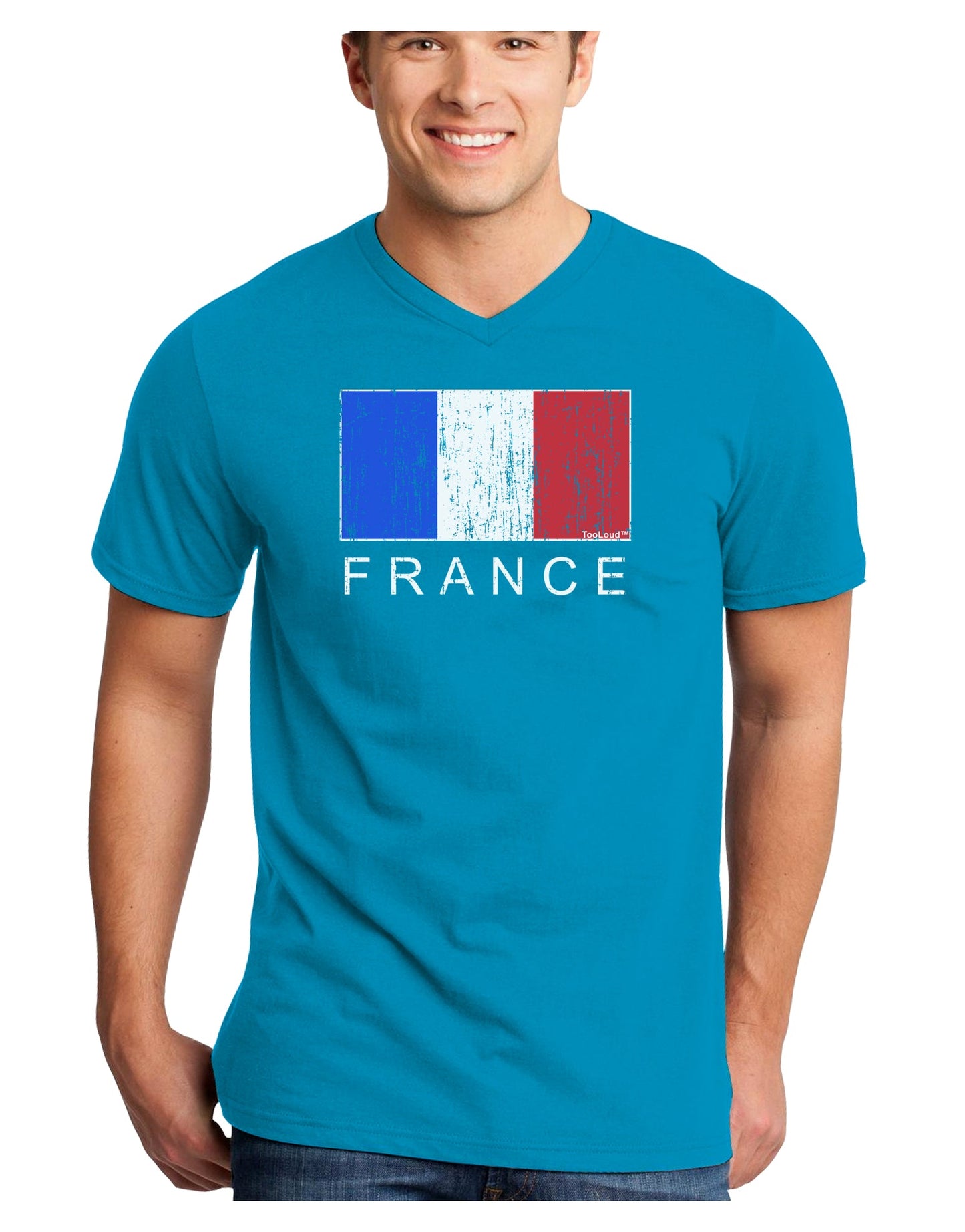 French Flag - France Text Distressed Adult Dark V-Neck T-Shirt by TooLoud-Mens V-Neck T-Shirt-TooLoud-Turquoise-Small-Davson Sales
