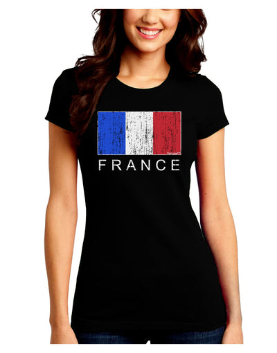 French Flag - France Text Distressed Juniors Crew Dark T-Shirt by TooLoud-T-Shirts Juniors Tops-TooLoud-Black-Juniors Fitted Small-Davson Sales