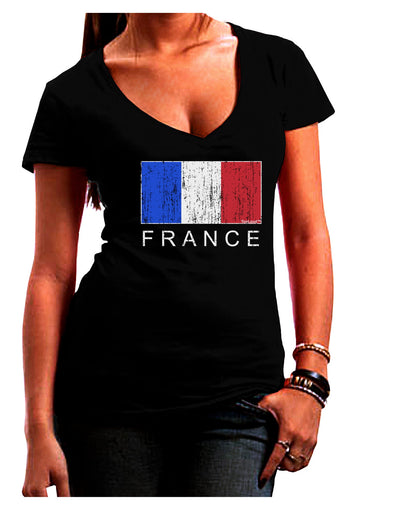 French Flag - France Text Distressed Juniors V-Neck Dark T-Shirt by TooLoud-Womens V-Neck T-Shirts-TooLoud-Black-Juniors Fitted Small-Davson Sales