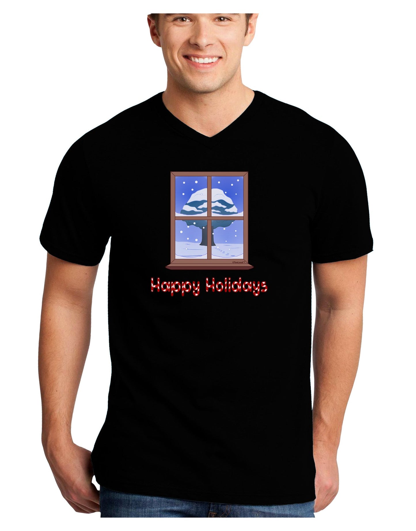 Frosty Window - Happy Holidays Adult Dark V-Neck T-Shirt-Mens V-Neck T-Shirt-TooLoud-Black-Small-Davson Sales