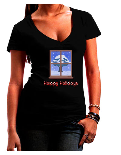 Frosty Window - Happy Holidays Juniors V-Neck Dark T-Shirt-Womens V-Neck T-Shirts-TooLoud-Black-Juniors Fitted Small-Davson Sales