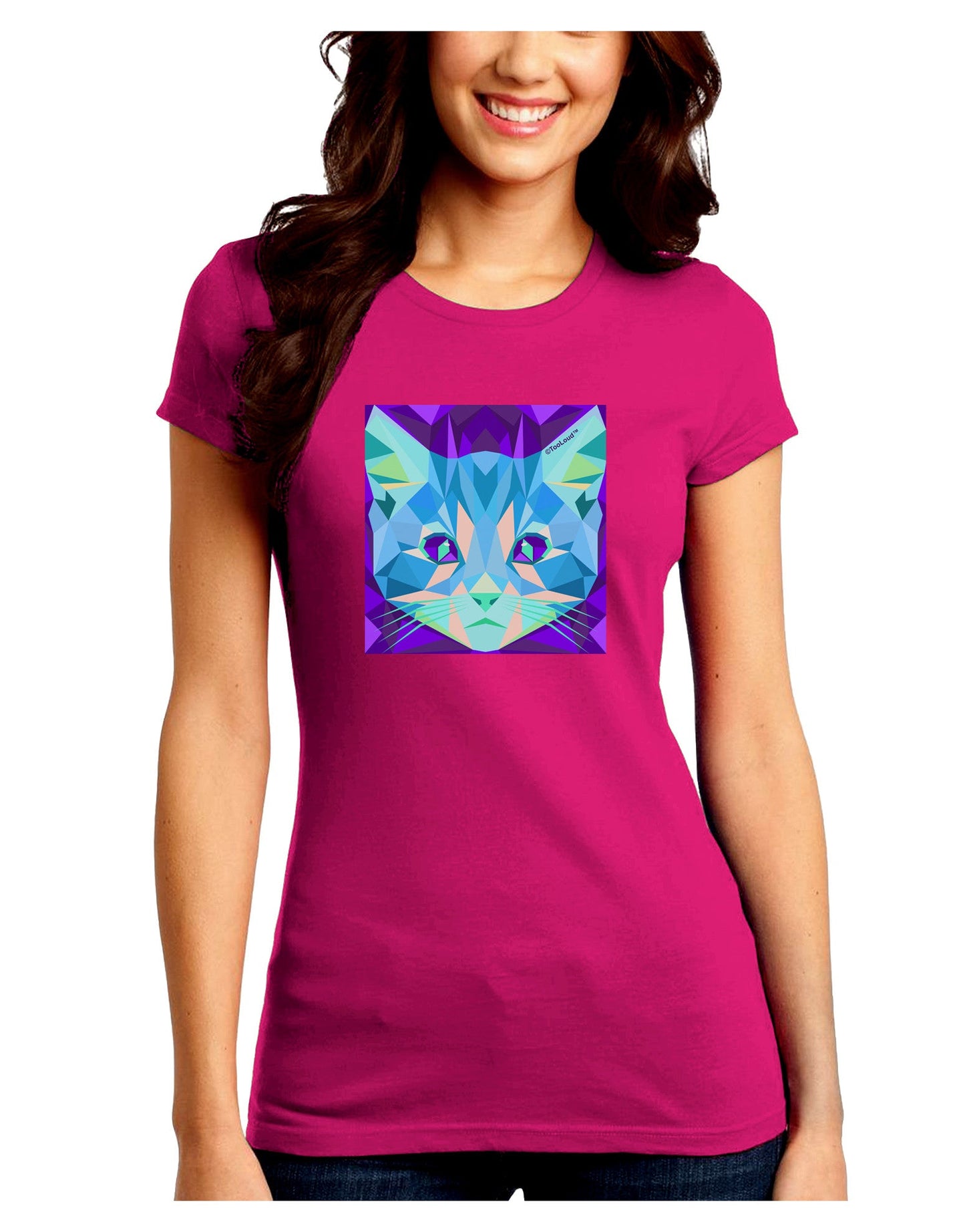 Geometric Kitty Inverted Juniors Petite Crew Dark T-Shirt-T-Shirts Juniors Tops-TooLoud-Hot-Pink-Juniors Fitted Small-Davson Sales