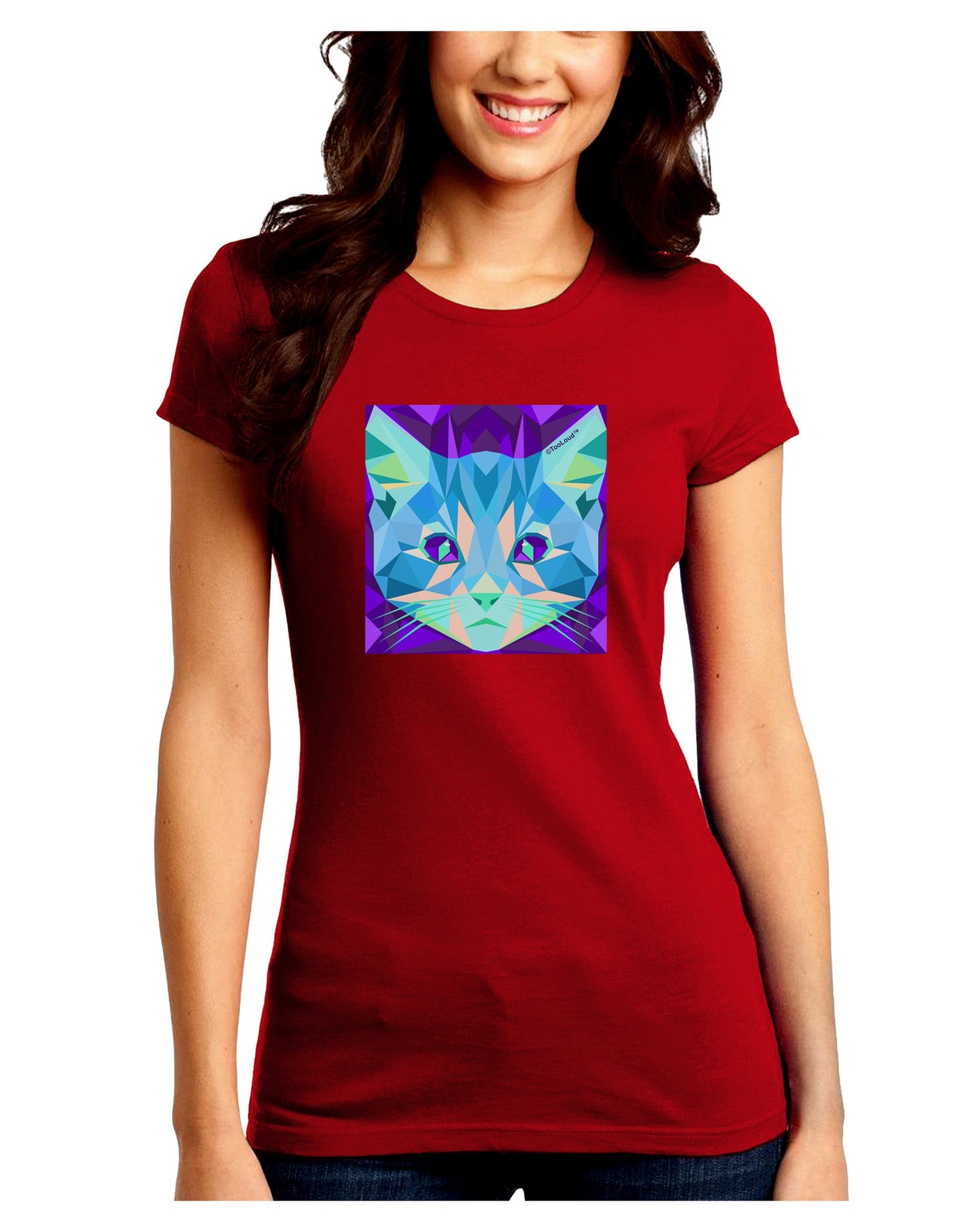 Geometric Kitty Inverted Juniors Petite Crew Dark T-Shirt-T-Shirts Juniors Tops-TooLoud-Red-Juniors Fitted Small-Davson Sales