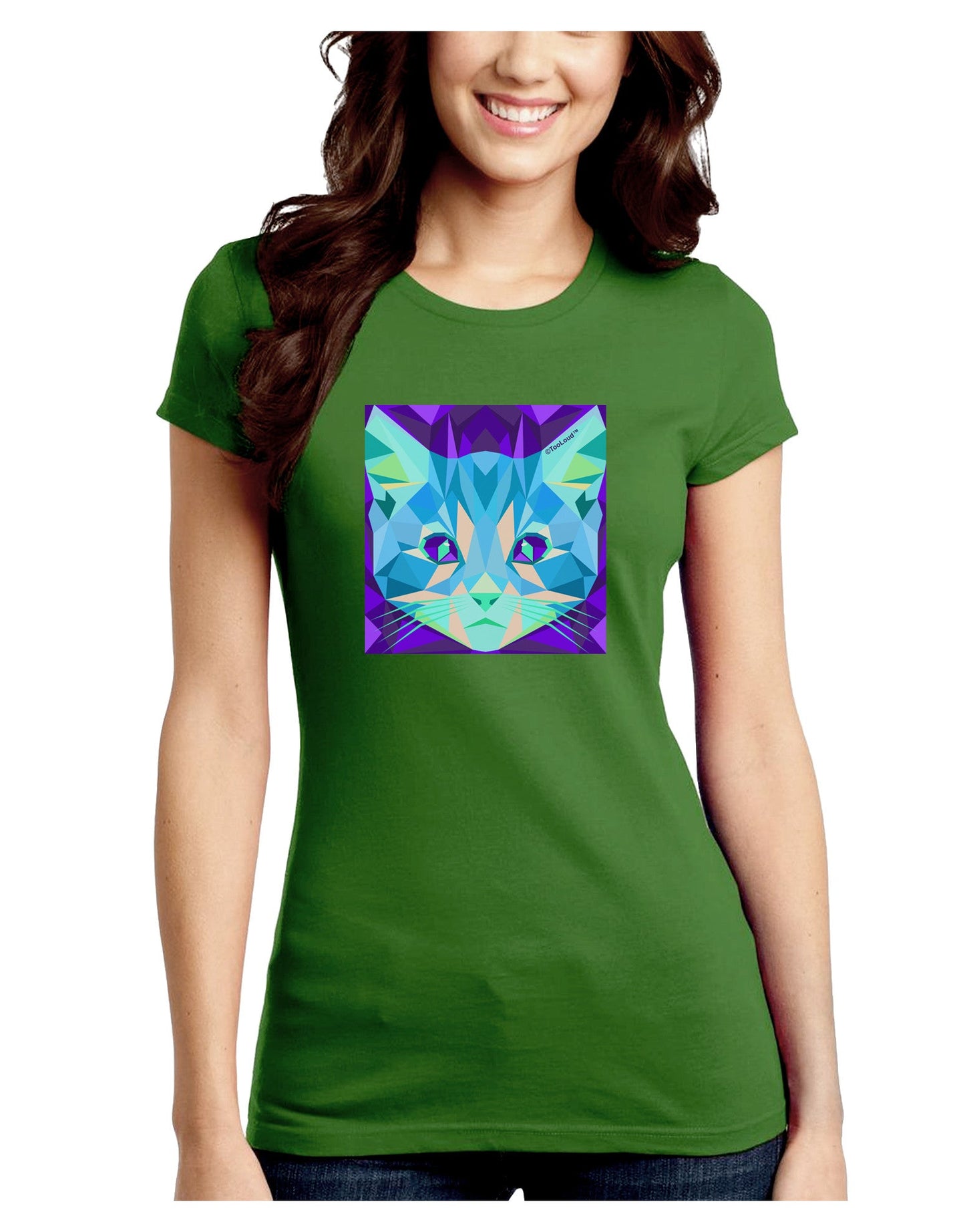 Geometric Kitty Inverted Juniors Petite Crew Dark T-Shirt-T-Shirts Juniors Tops-TooLoud-Kiwi-Green-Juniors Fitted Small-Davson Sales