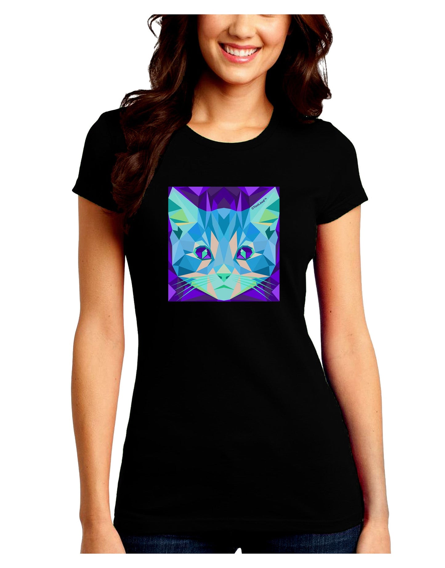 Geometric Kitty Inverted Juniors Petite Crew Dark T-Shirt-T-Shirts Juniors Tops-TooLoud-Black-Juniors Fitted Small-Davson Sales