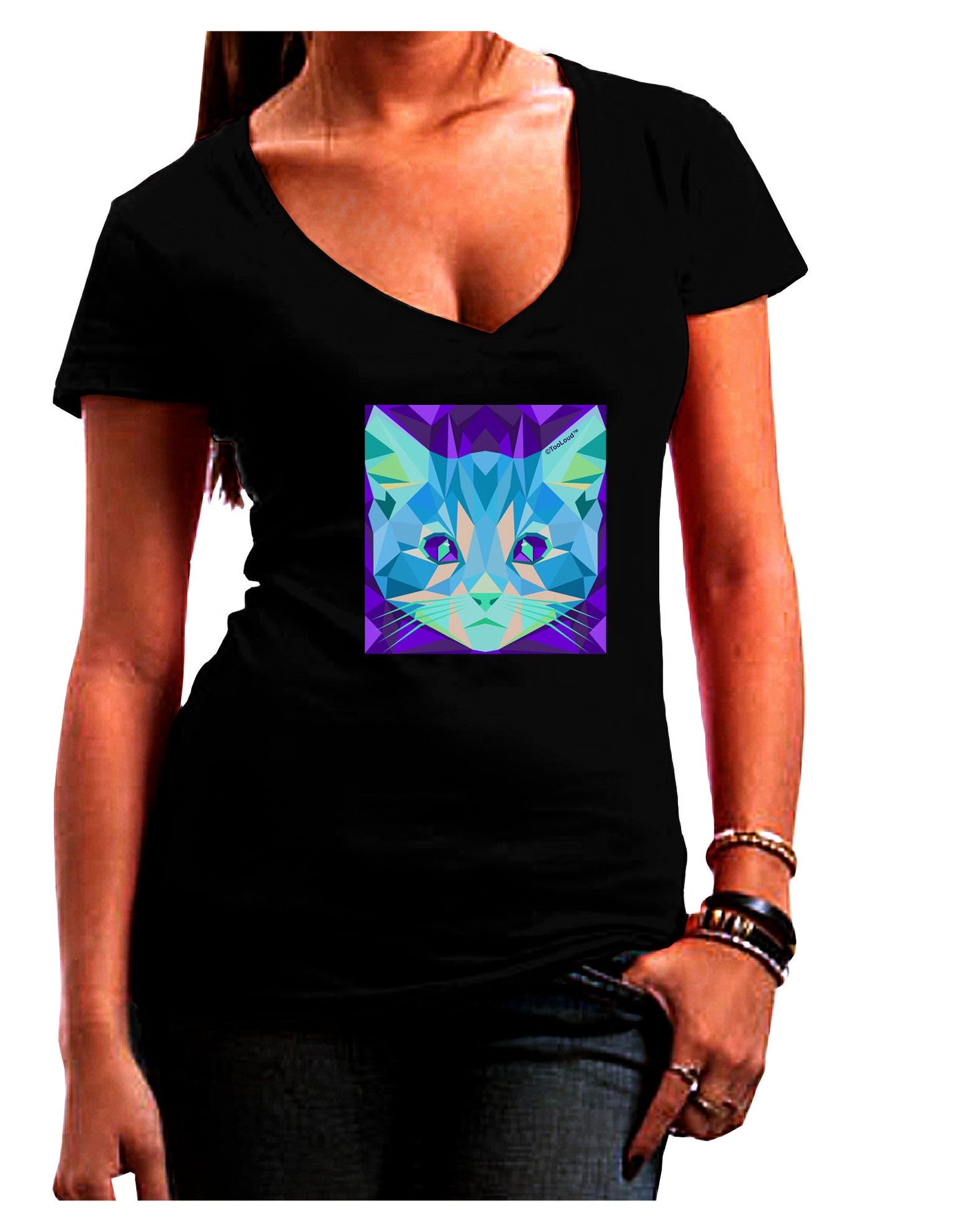 Geometric Kitty Inverted Womens V-Neck Dark T-Shirt-Womens V-Neck T-Shirts-TooLoud-Black-Juniors Fitted Small-Davson Sales