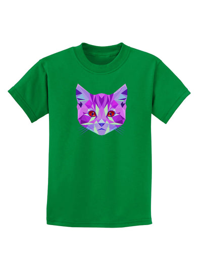 Geometric Kitty Purple Childrens Dark T-Shirt-Childrens T-Shirt-TooLoud-Kelly-Green-X-Small-Davson Sales
