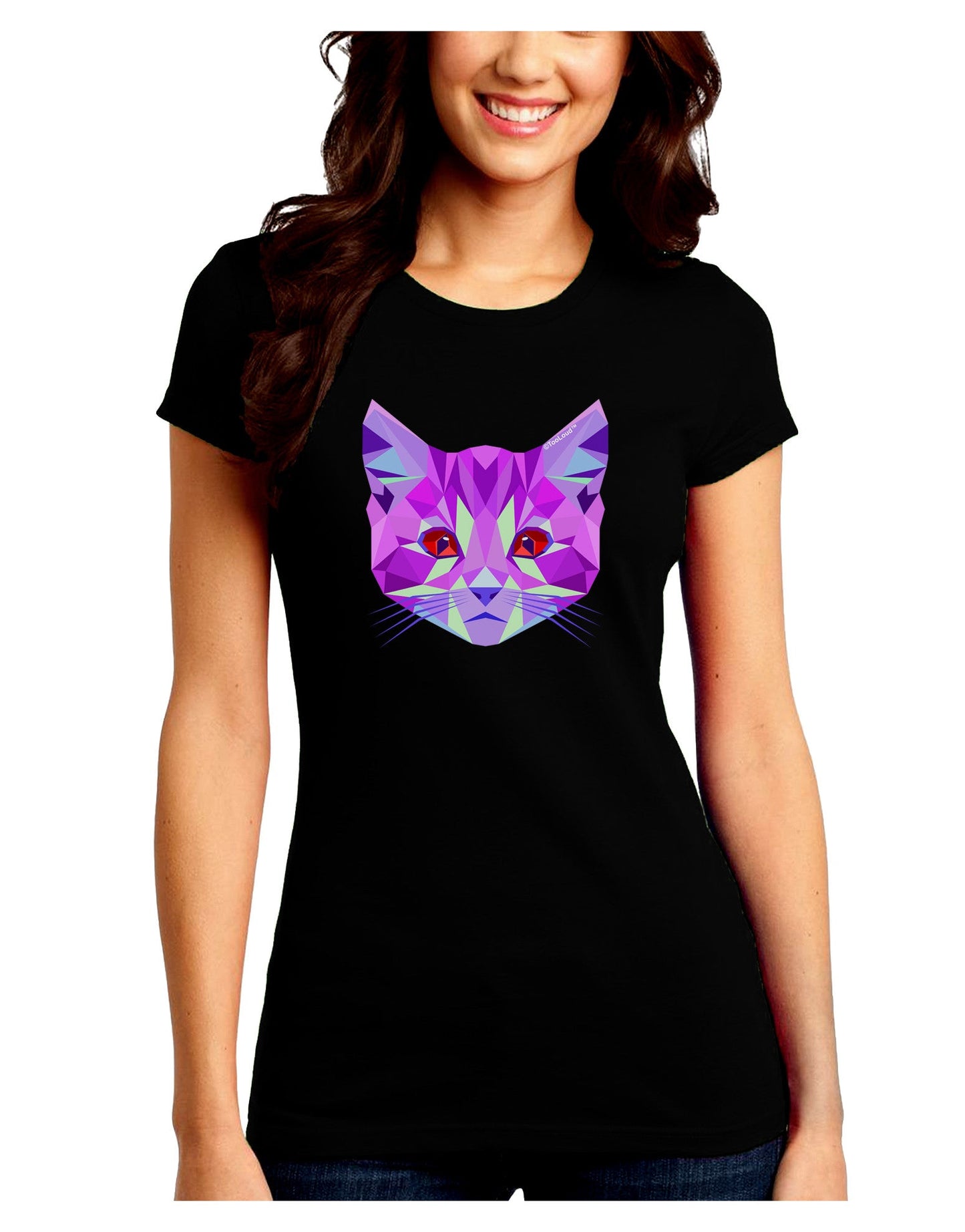 Geometric Kitty Purple Juniors Petite Crew Dark T-Shirt-T-Shirts Juniors Tops-TooLoud-Black-Juniors Fitted Small-Davson Sales