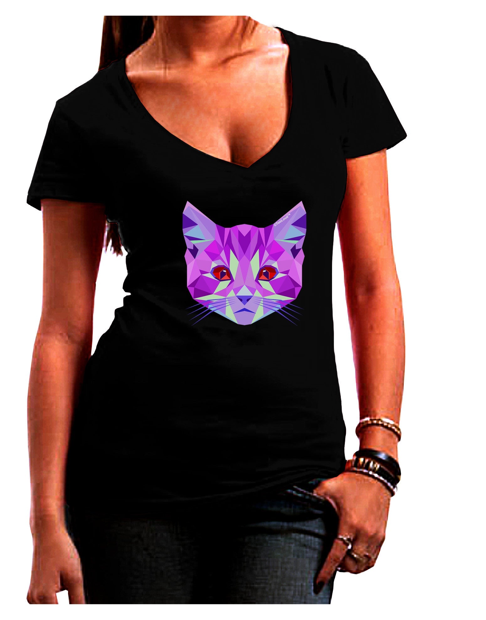 Geometric Kitty Purple Womens V-Neck Dark T-Shirt-Womens V-Neck T-Shirts-TooLoud-Black-Juniors Fitted Small-Davson Sales