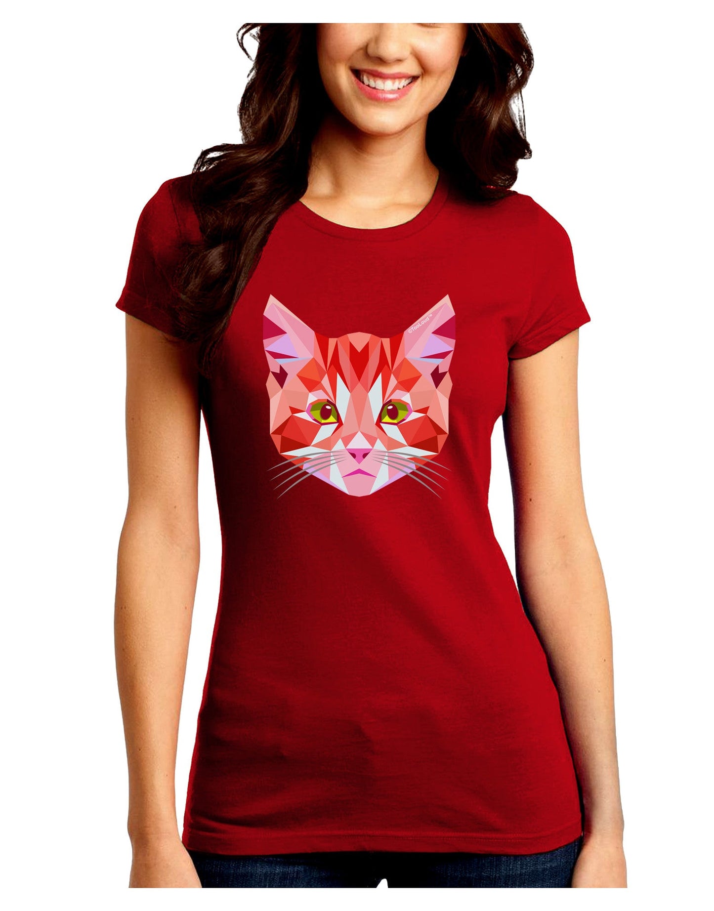 Geometric Kitty Red Juniors Petite Crew Dark T-Shirt-T-Shirts Juniors Tops-TooLoud-Red-Juniors Fitted Small-Davson Sales