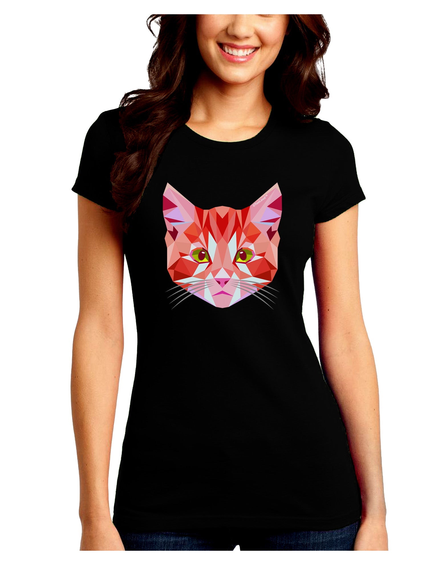 Geometric Kitty Red Juniors Petite Crew Dark T-Shirt-T-Shirts Juniors Tops-TooLoud-Black-Juniors Fitted Small-Davson Sales