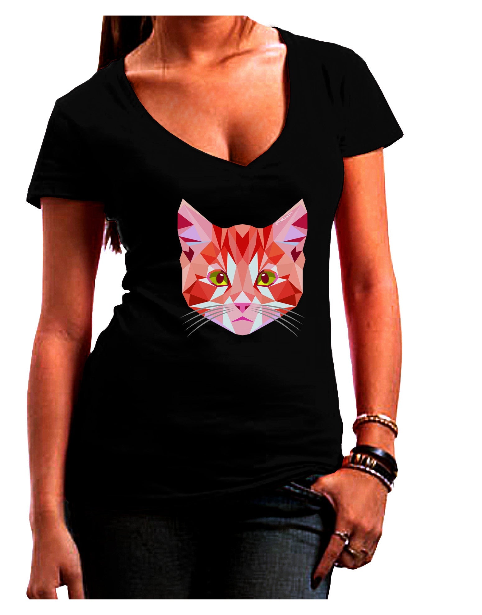 Geometric Kitty Red Womens V-Neck Dark T-Shirt-Womens V-Neck T-Shirts-TooLoud-Black-Juniors Fitted Small-Davson Sales