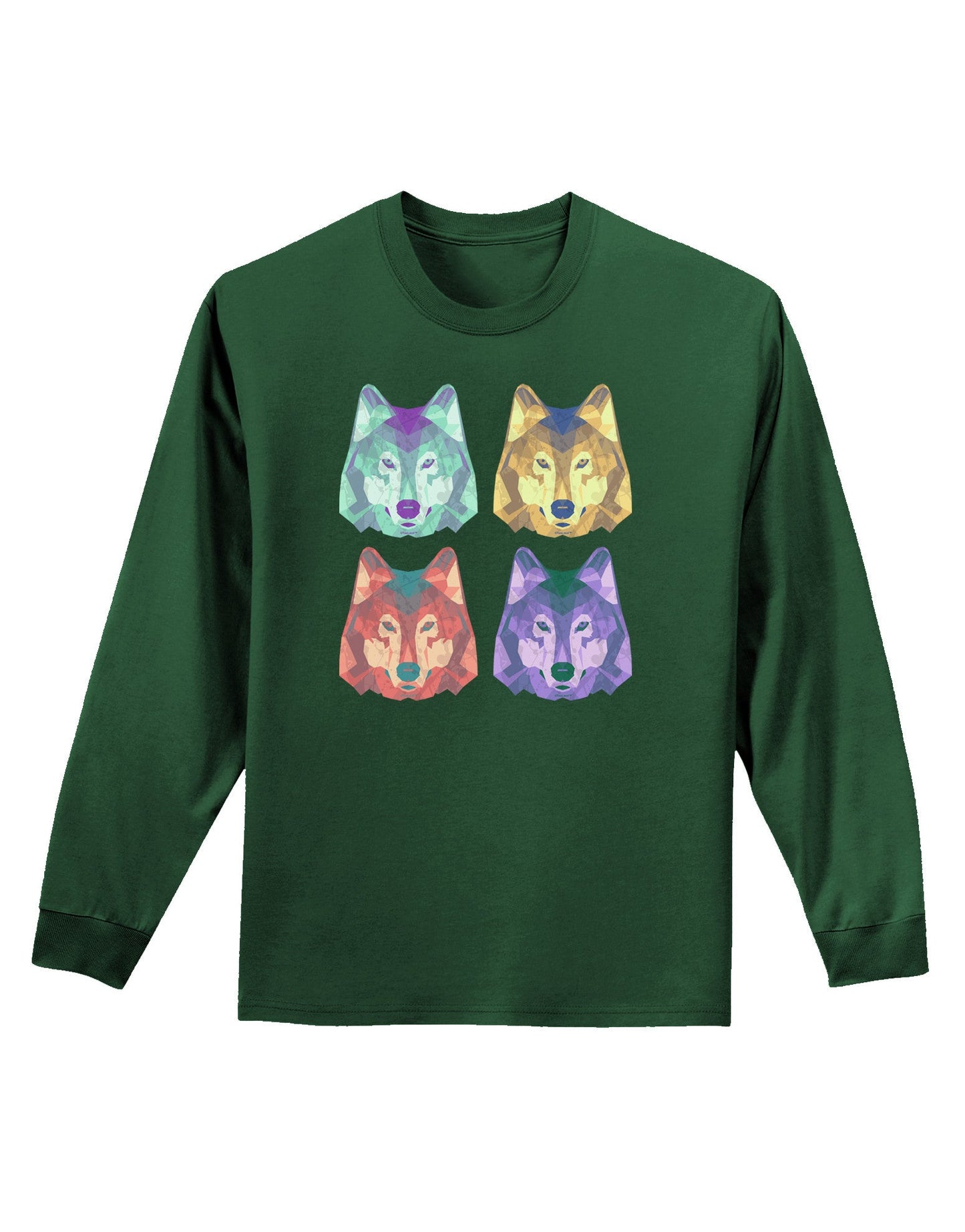 Geometric Wolf Head Pop Art Adult Long Sleeve Dark T-Shirt-TooLoud-Dark-Green-Small-Davson Sales