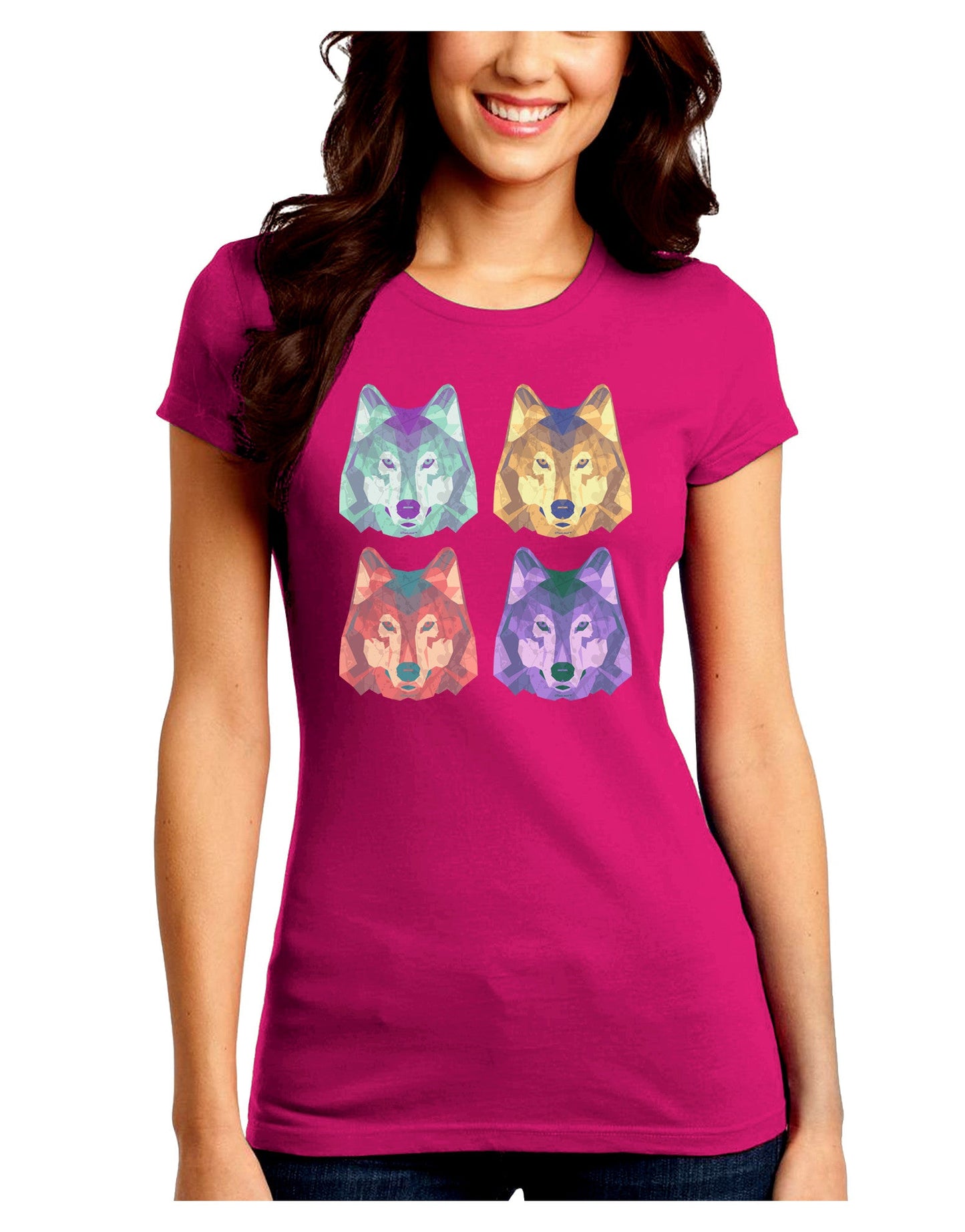 Geometric Wolf Head Pop Art Juniors Petite Crew Dark T-Shirt-T-Shirts Juniors Tops-TooLoud-Hot-Pink-Juniors Fitted Small-Davson Sales