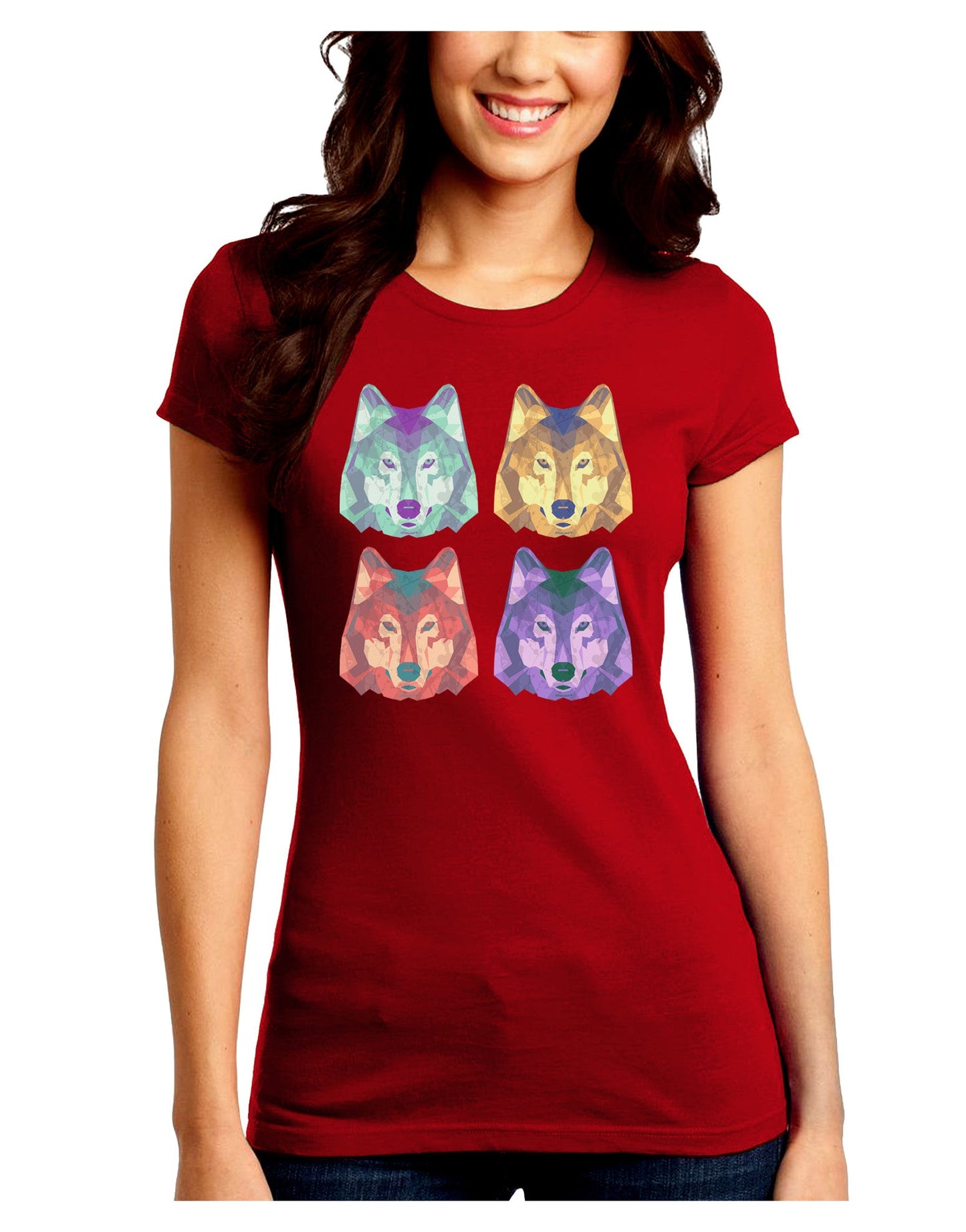 Geometric Wolf Head Pop Art Juniors Petite Crew Dark T-Shirt-T-Shirts Juniors Tops-TooLoud-Red-Juniors Fitted Small-Davson Sales