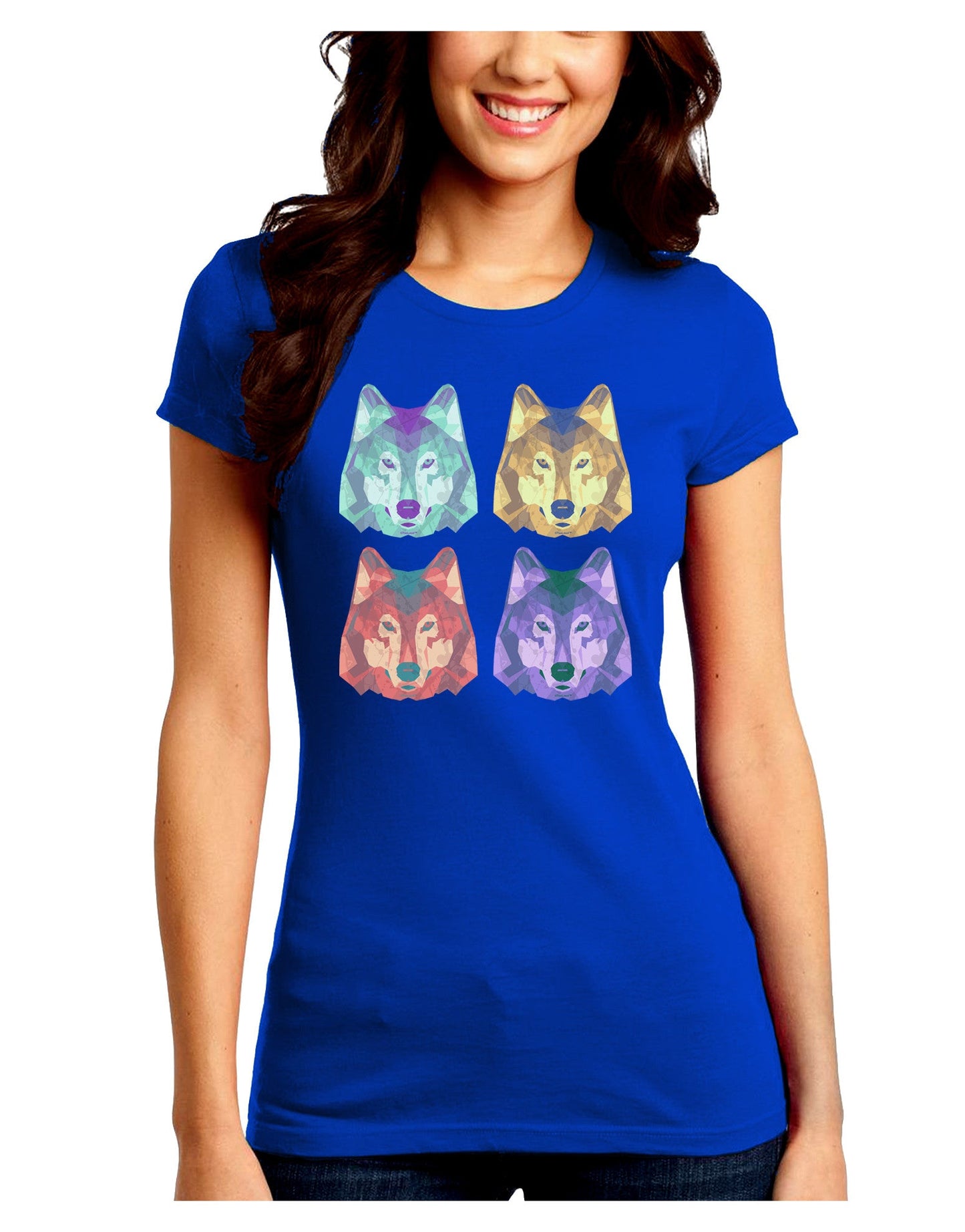 Geometric Wolf Head Pop Art Juniors Petite Crew Dark T-Shirt-T-Shirts Juniors Tops-TooLoud-Royal-Blue-Juniors Fitted Small-Davson Sales