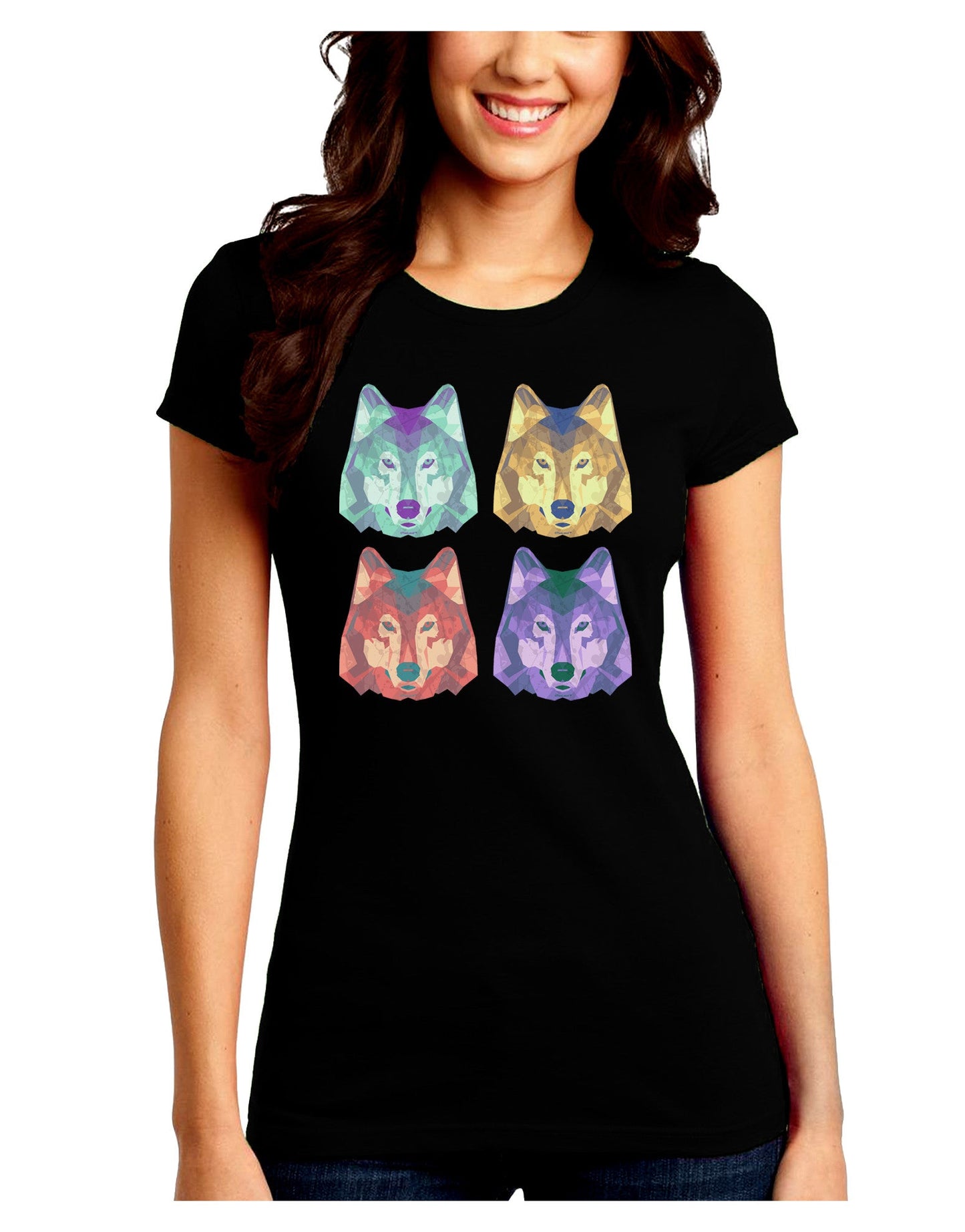 Geometric Wolf Head Pop Art Juniors Petite Crew Dark T-Shirt-T-Shirts Juniors Tops-TooLoud-Black-Juniors Fitted Small-Davson Sales