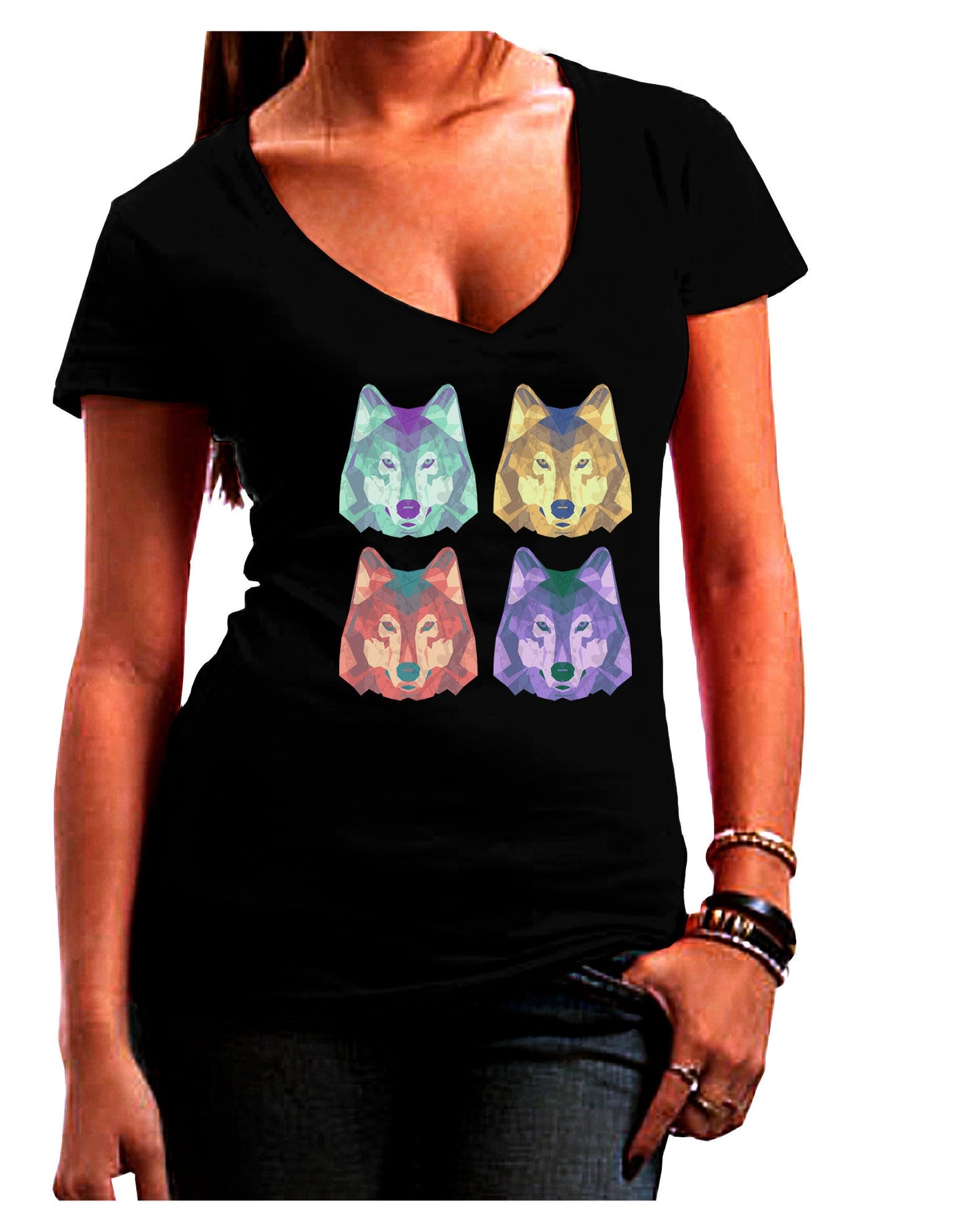 Geometric Wolf Head Pop Art Womens V-Neck Dark T-Shirt-Womens V-Neck T-Shirts-TooLoud-Black-Juniors Fitted Small-Davson Sales